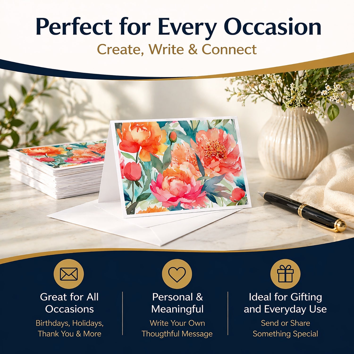 Peonies in Watercolor Greeting Cards Pack of 8 Blank Cards with Envelopes Whimsical A7 Size 5x7