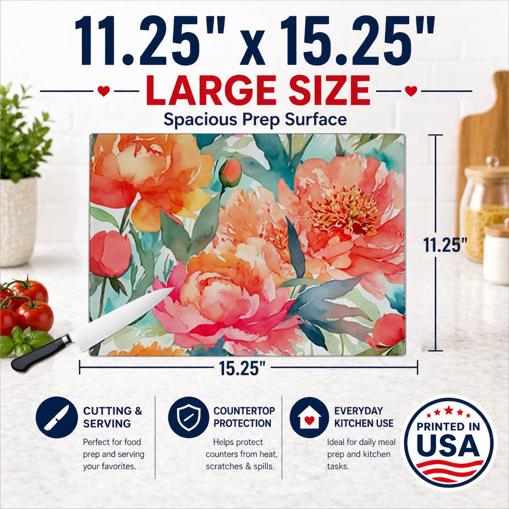 Peonies in Watercolor Cutting Board Tempered Glass Kitchen Cutting Surface, Heat Resistant Chopping, Non-Slip Feet, Food Prep & Serving