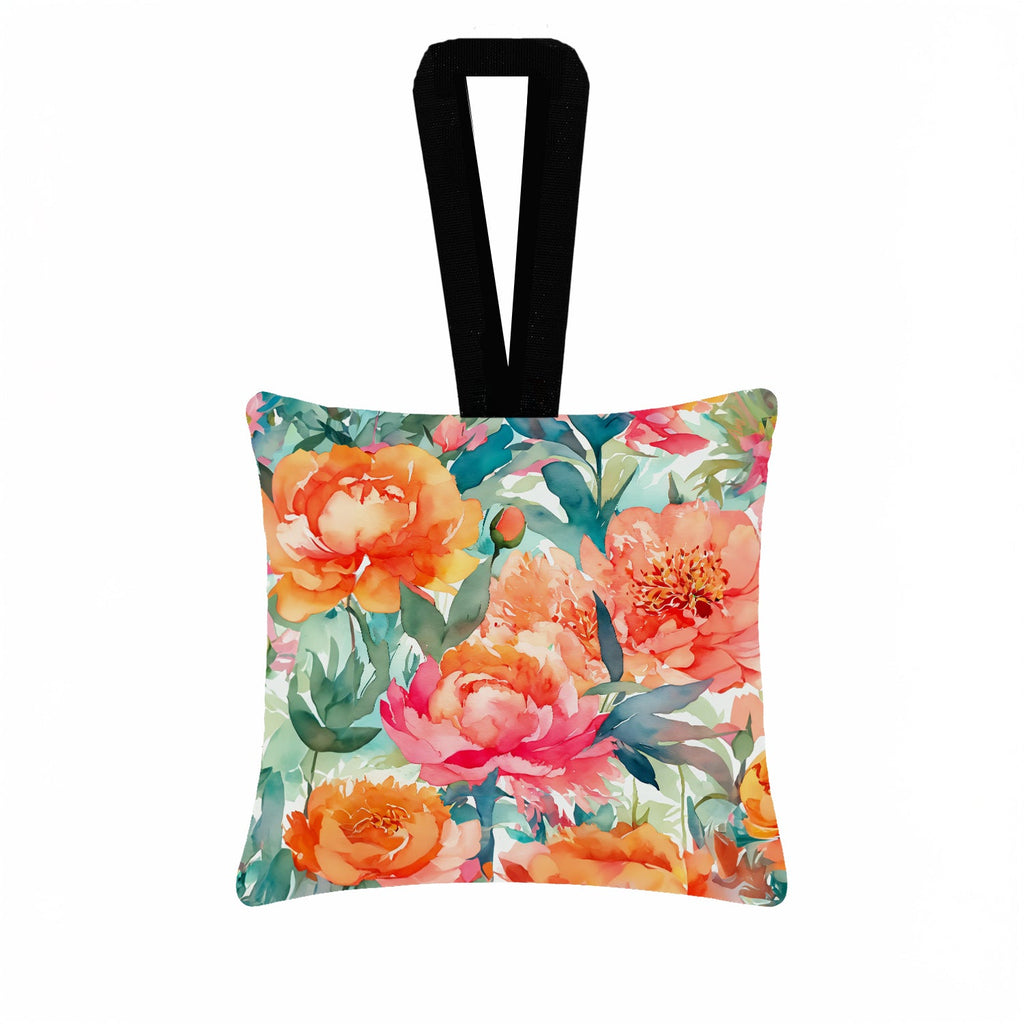 Peonies in Watercolor Hanging Square Fabric Ornament 3.5 × 3.5 Decorative Door-Knob & Tree Hanger, Soft Fabric