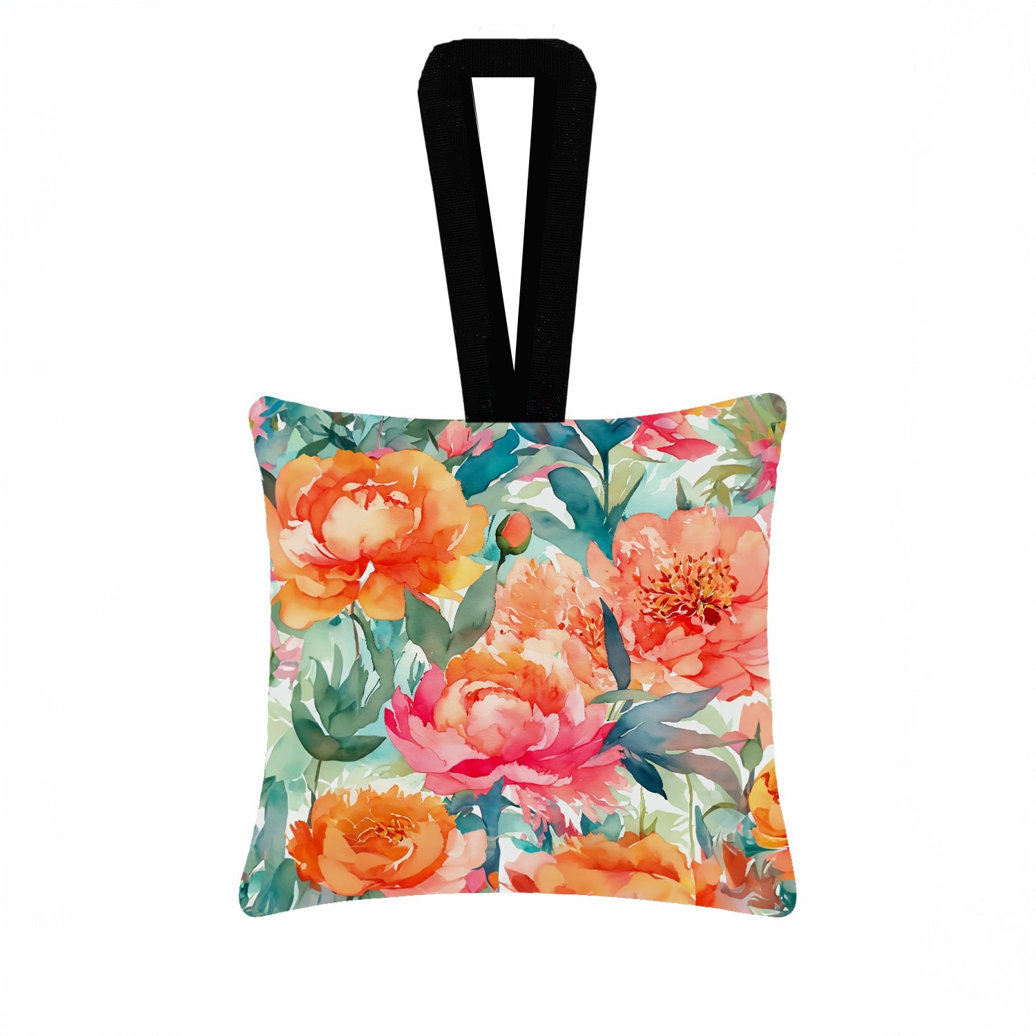 Peonies in Watercolor Hanging Square Fabric Ornament 3.5 × 3.5 Decorative Door-Knob & Tree Hanger, Soft Fabric