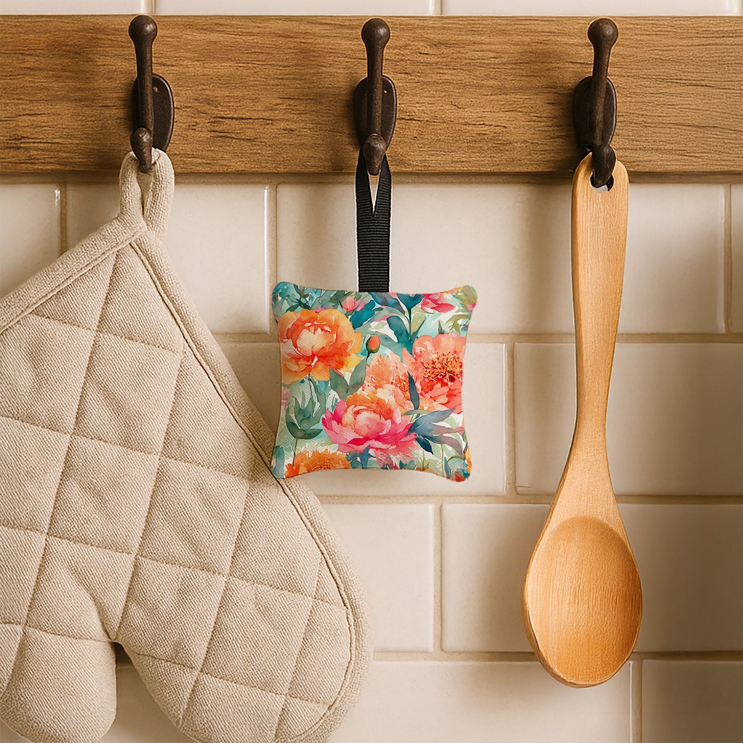 Peonies in Watercolor Hanging Square Fabric Ornament 3.5 × 3.5 Decorative Door-Knob & Tree Hanger, Soft Fabric