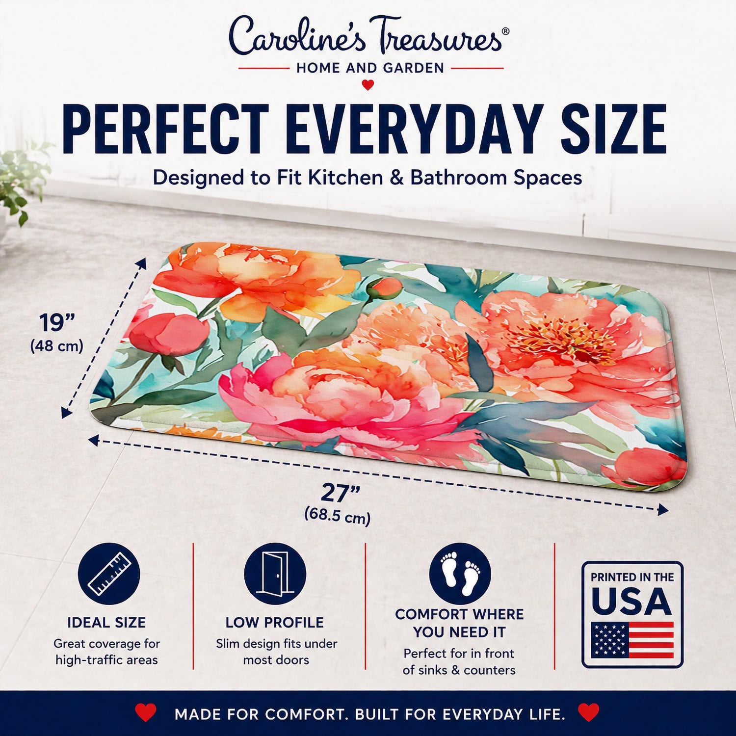 Peonies in Watercolor Memory Foam Kitchen Mat Machine Washable Anti-Fatigue Cushion Comfort Bath or Kitchen Rug