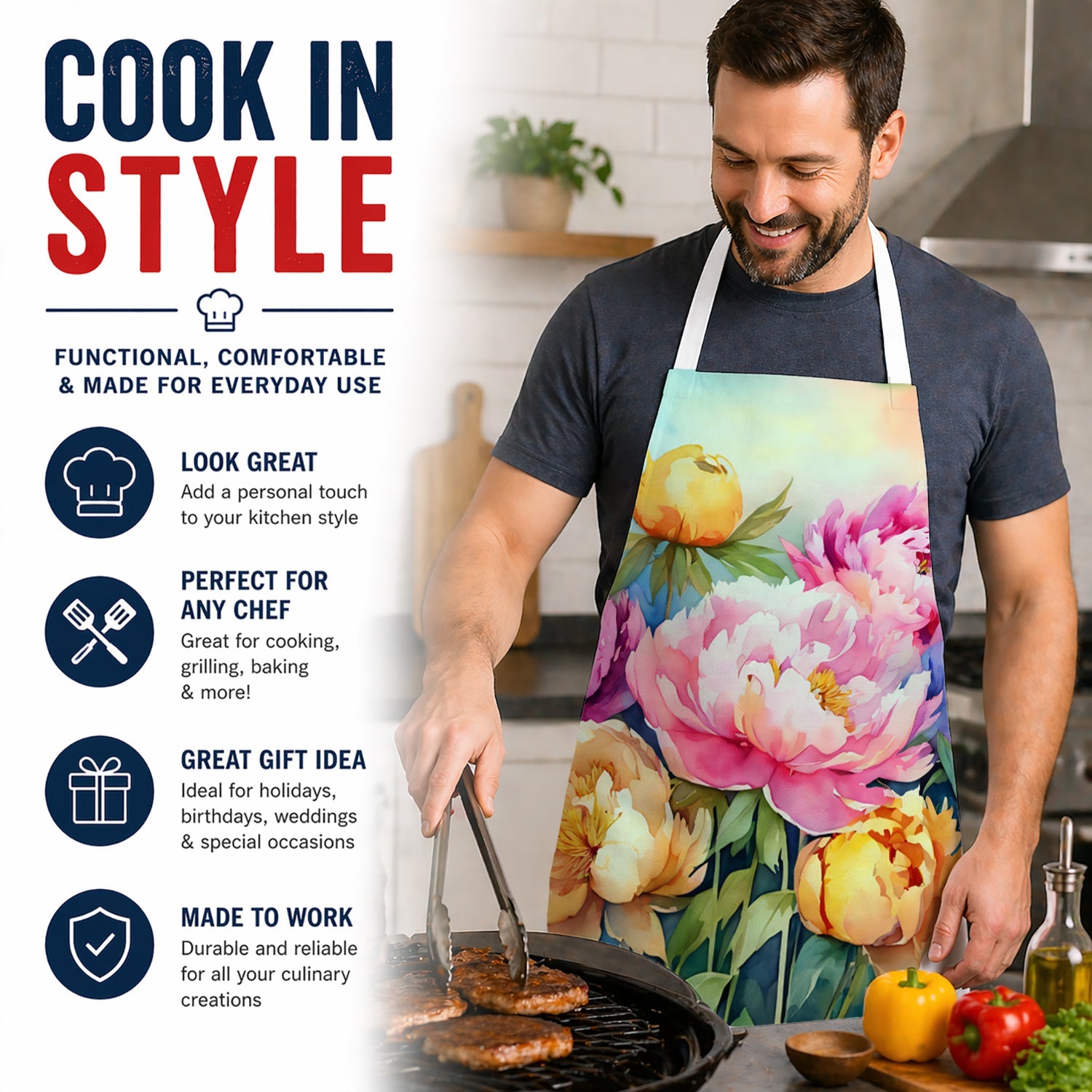 Peonies in Watercolor Apron Cooking Kitchen Server Baking Crafts Gardening for Adult Women Men, Unisex, Large, Multicolor