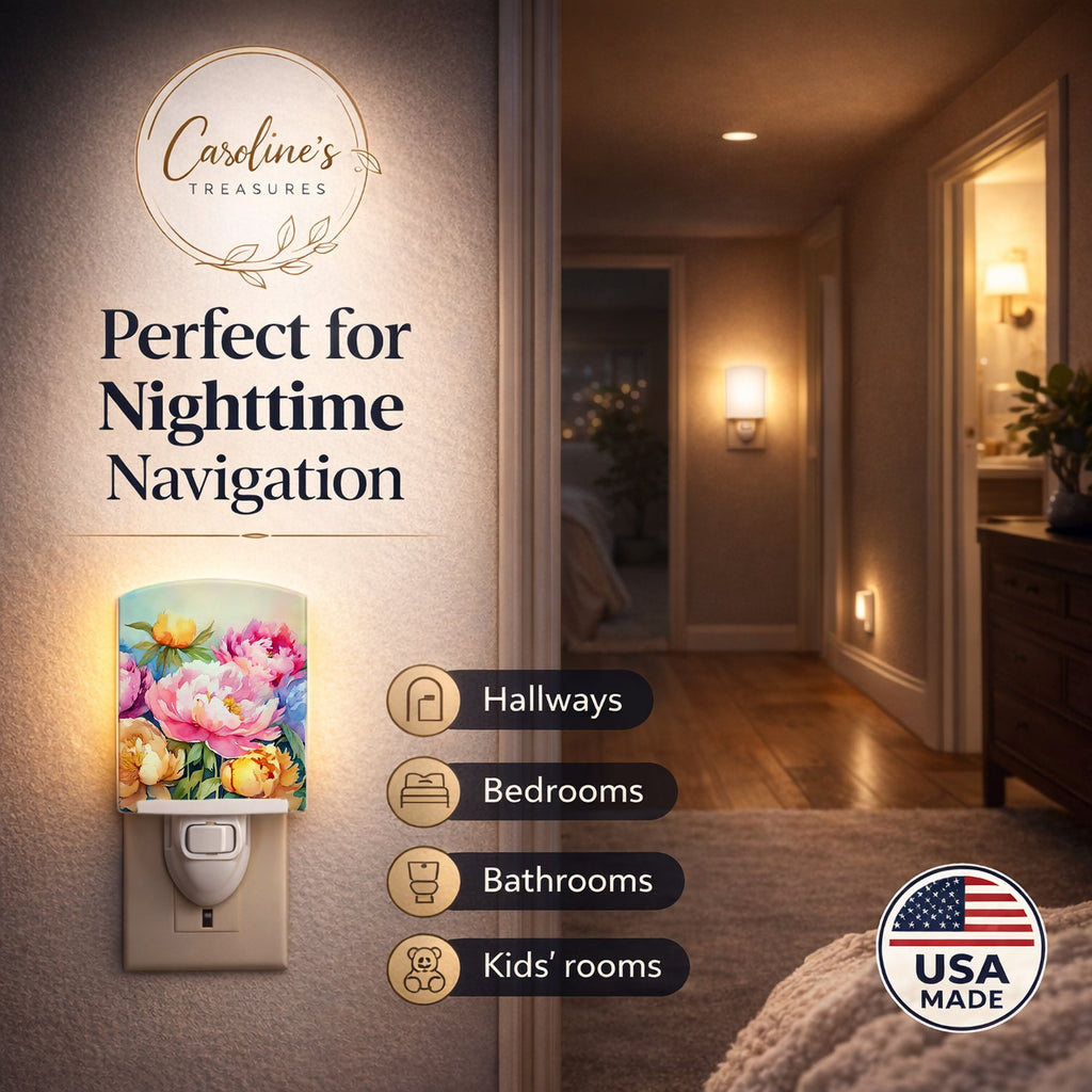 Peonies in Watercolor Ceramic Night Light Compact, UL-Certified, Ideal for Bedroom, Bathroom, Nursery, Hallway, Kitchen, 6x4x3, Multicolor