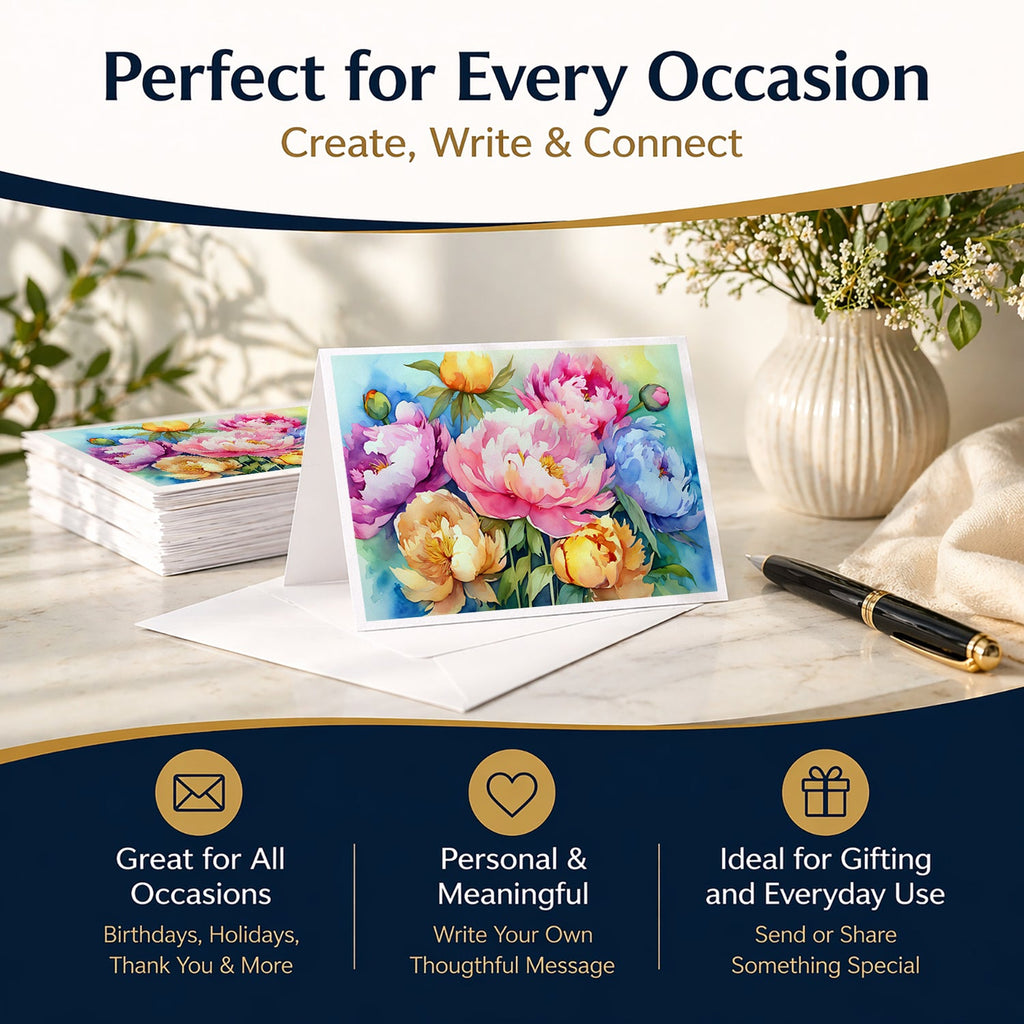 Peonies in Watercolor Greeting Cards Pack of 8 Blank Cards with Envelopes Whimsical A7 Size 5x7