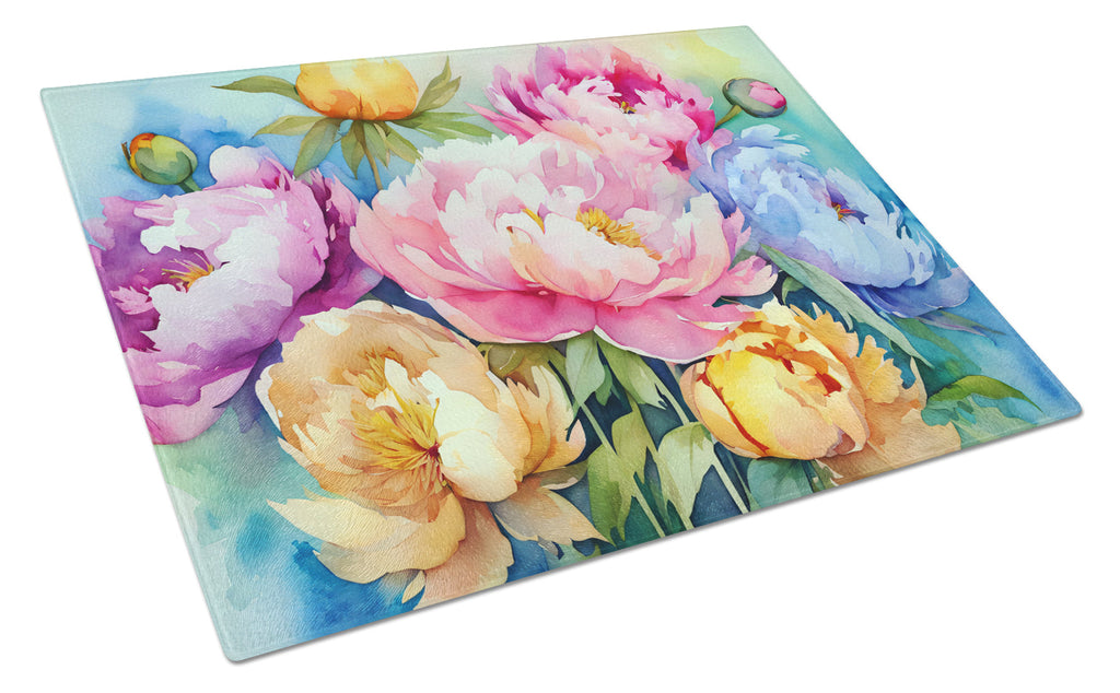 Peonies in Watercolor Cutting Board Tempered Glass Kitchen Cutting Surface, Heat Resistant Chopping, Non-Slip Feet, Food Prep & Serving