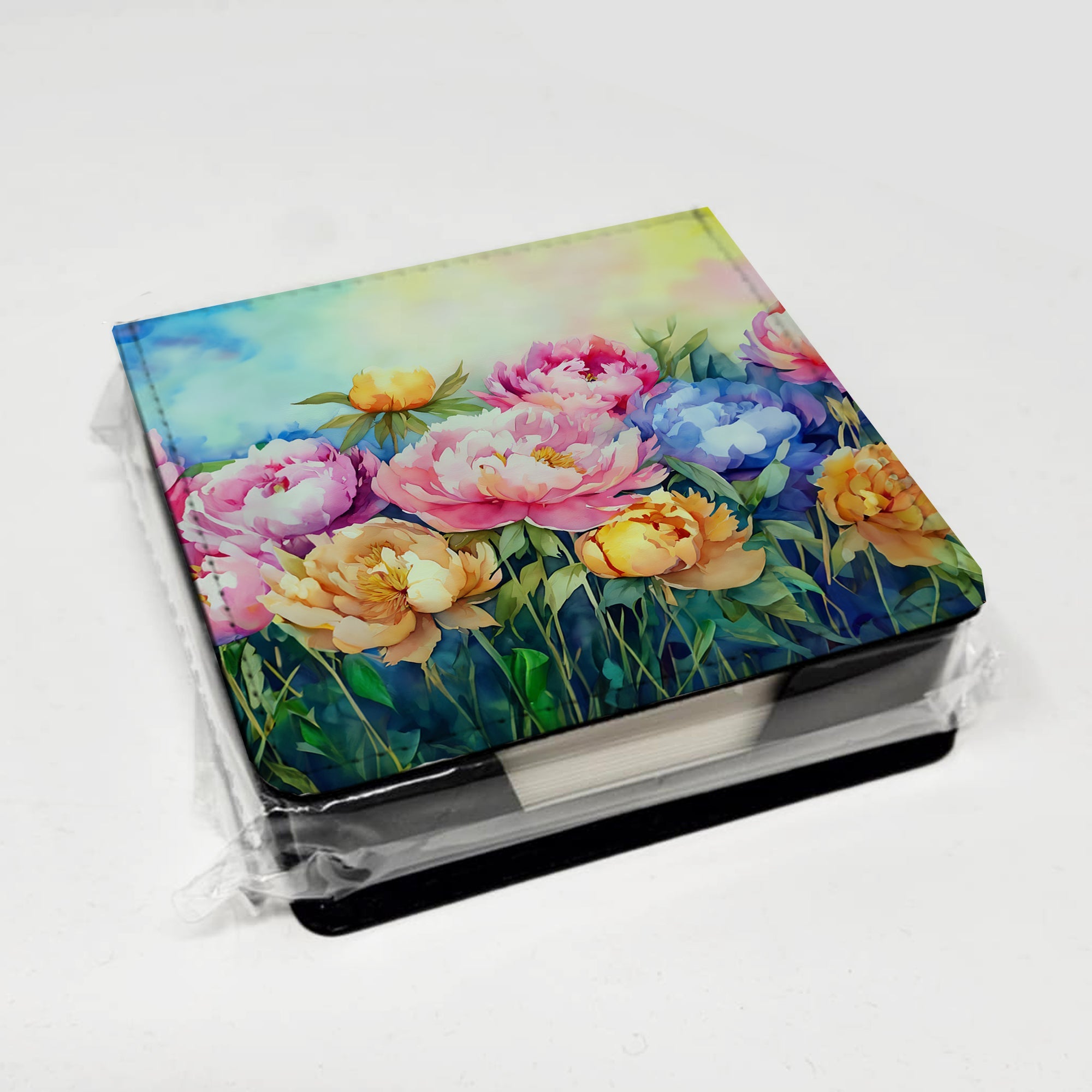 Peonies in Watercolor PU Leather Note Paper Holder with Artist-Designed Cover, Desk Accessory, Office Gift