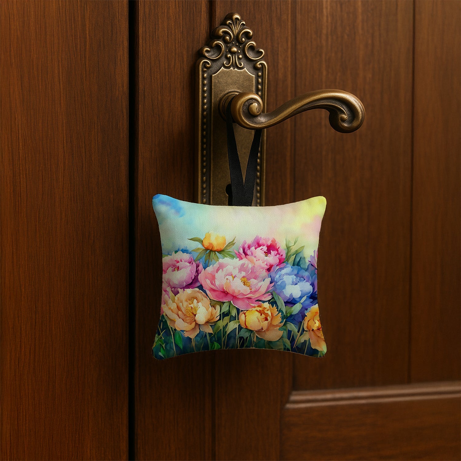 Peonies in Watercolor Hanging Square Fabric Ornament 3.5 × 3.5 Decorative Door-Knob & Tree Hanger, Soft Fabric