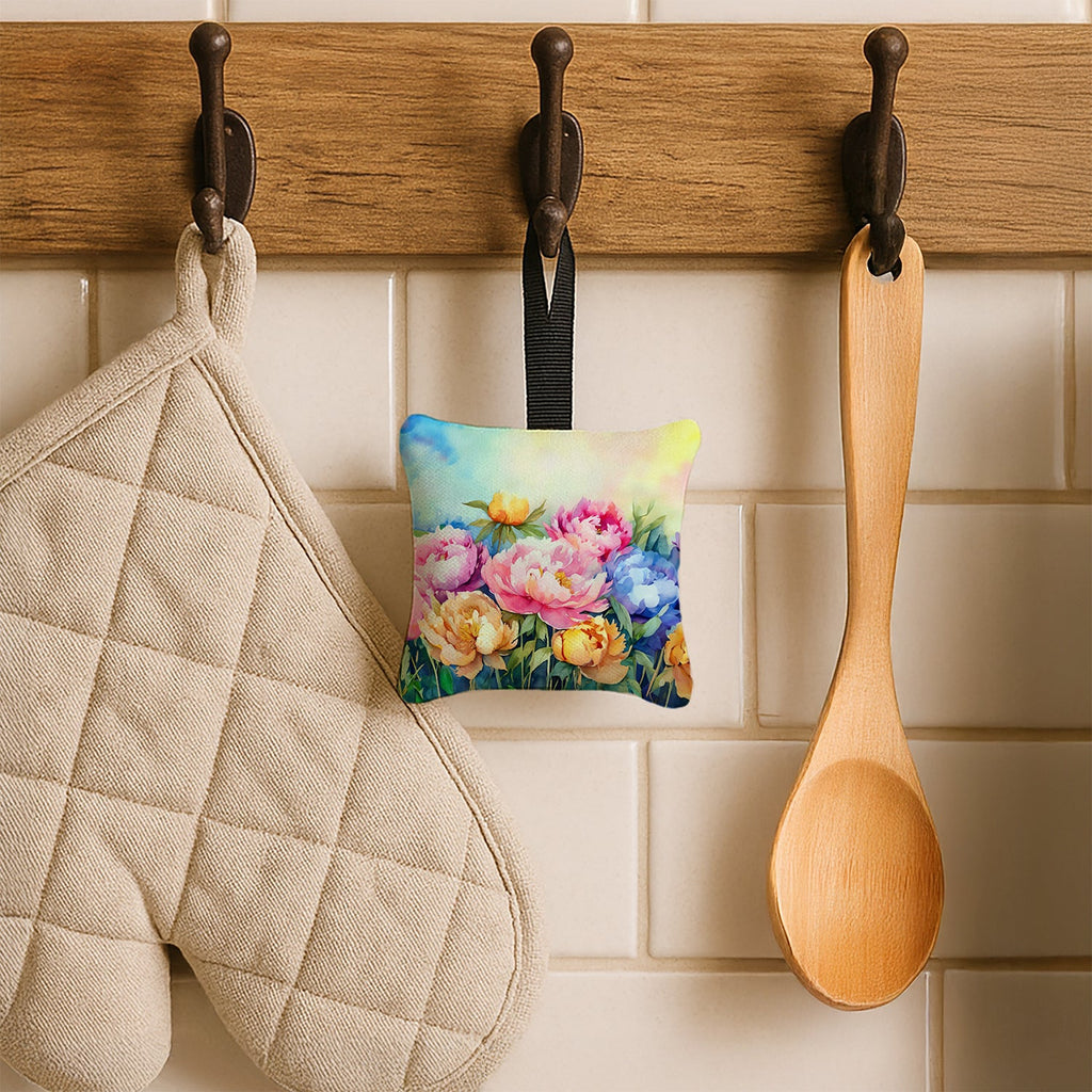 Peonies in Watercolor Hanging Square Fabric Ornament 3.5 × 3.5 Decorative Door-Knob & Tree Hanger, Soft Fabric