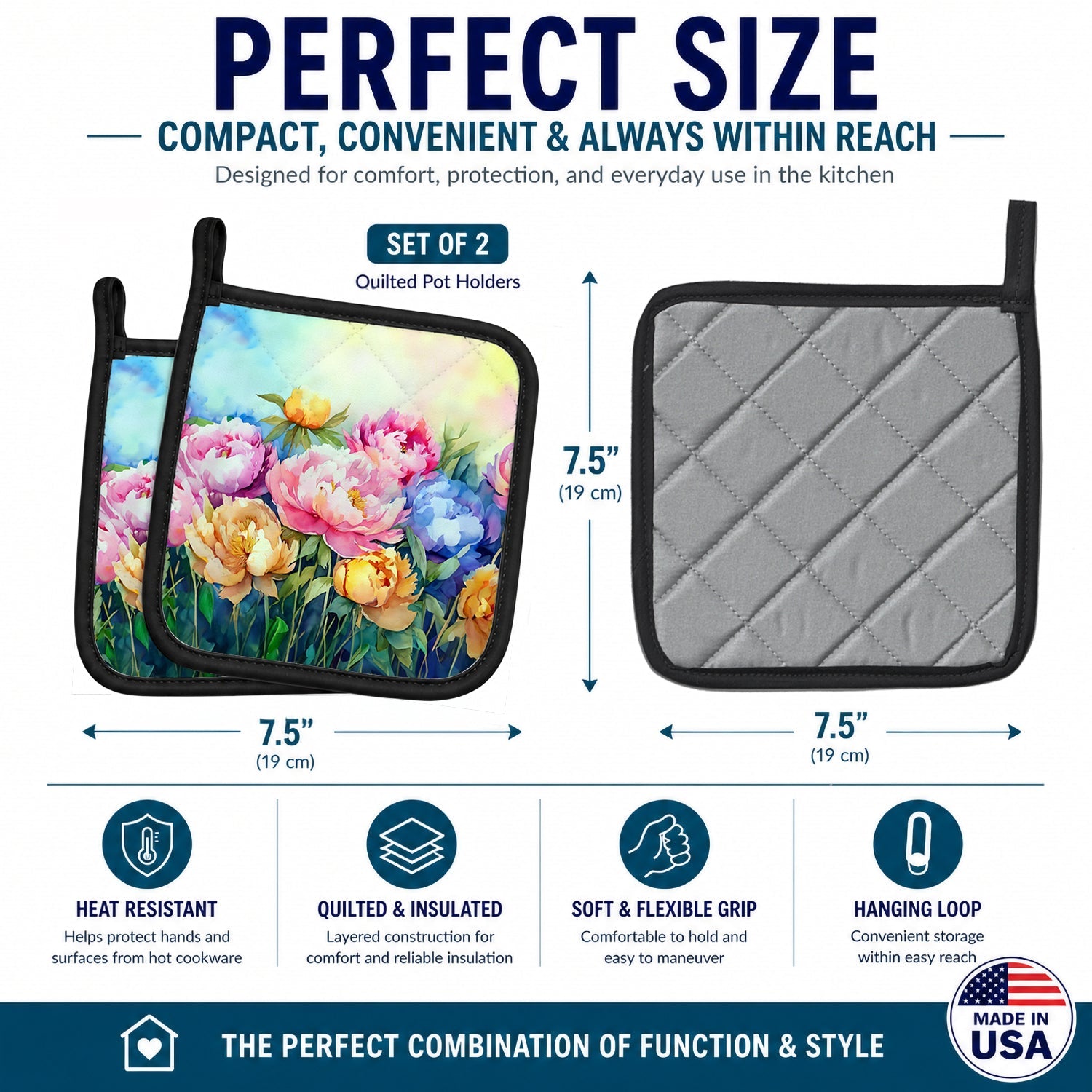 Peonies in Watercolor Pot Holder Set of 2 Heat Resistant Quilted Hot Pads 7.5 x 7.5 Inch, Insulated Kitchen Trivets for Cooking & Baking