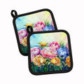 Peonies in Watercolor Pot Holder Set of 2 Heat Resistant Quilted Hot Pads 7.5 x 7.5 Inch, Insulated Kitchen Trivets for Cooking & Baking