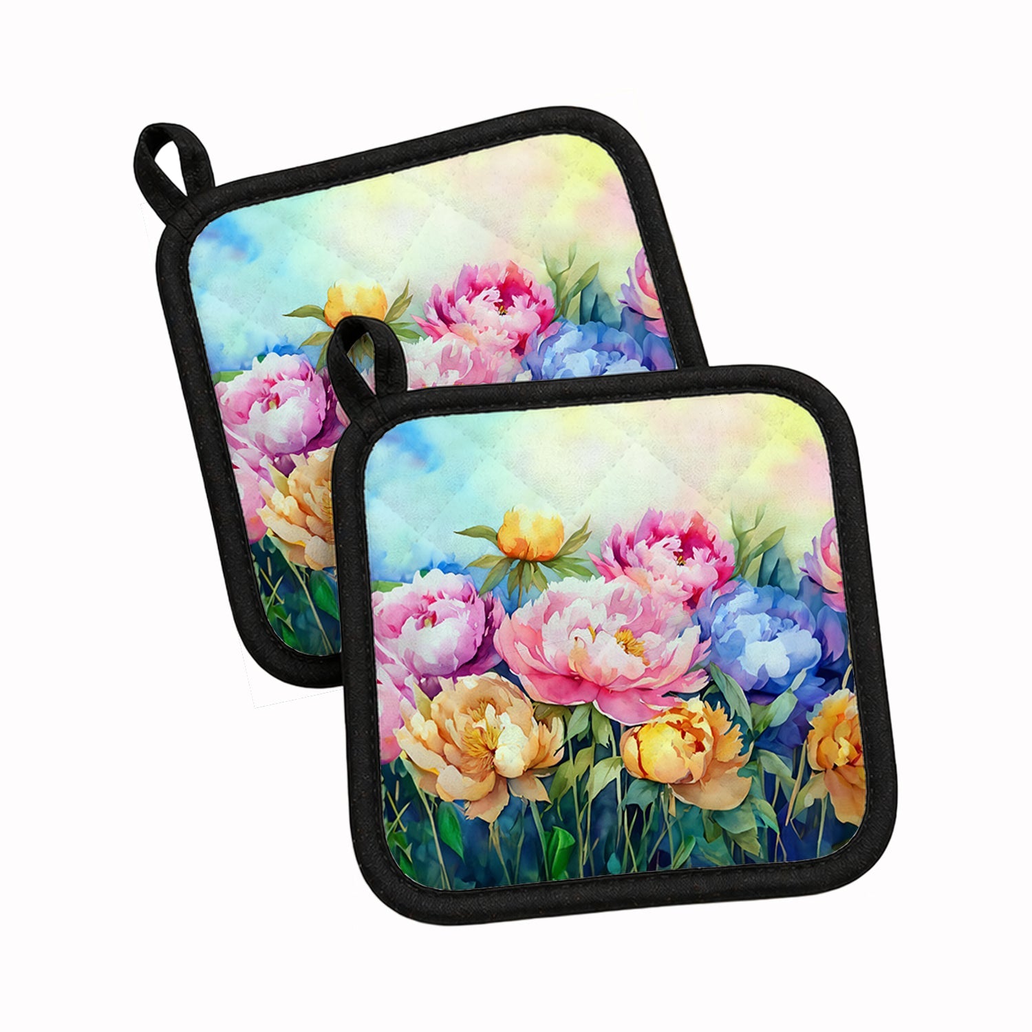 Peonies in Watercolor Pot Holder Set of 2 Heat Resistant Quilted Hot Pads 7.5 x 7.5 Inch, Insulated Kitchen Trivets for Cooking & Baking