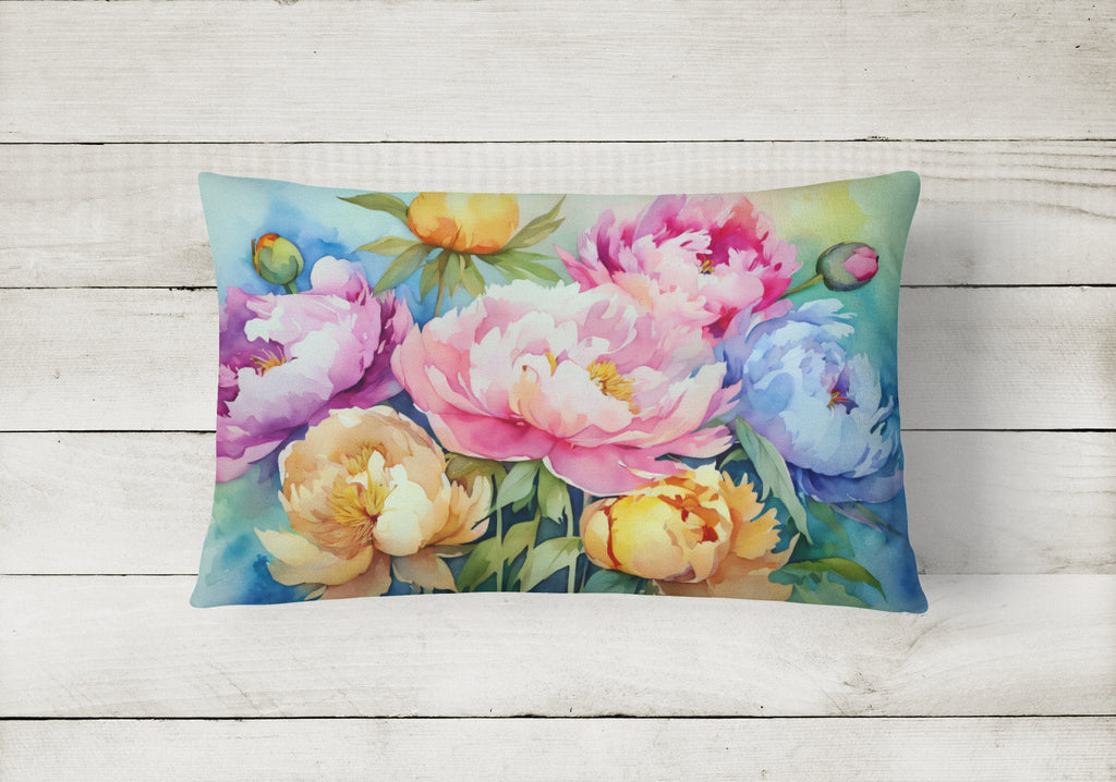 Peonies in Watercolor Decorative Throw Pillow 12x16 Indoor Outdoor Accent Cushion, Fabric Cover with Insert for Sofa, Bed, Porch & Living Room