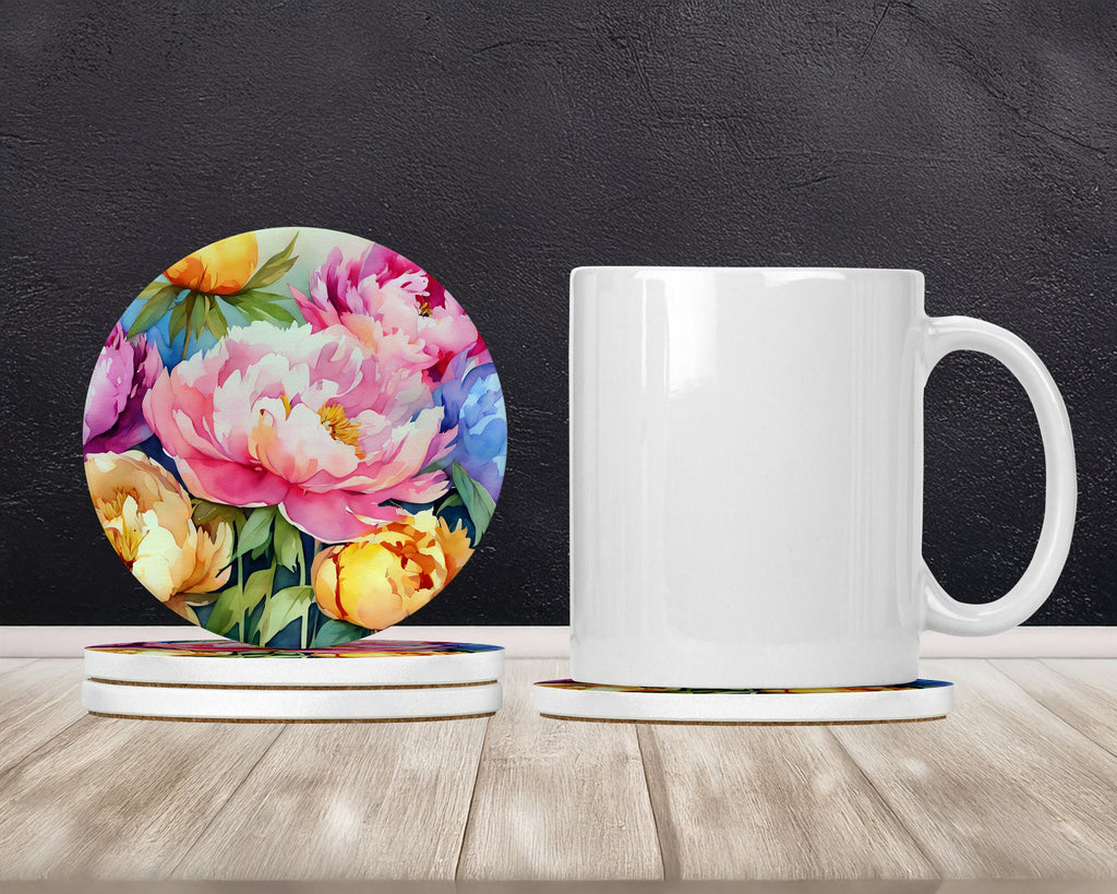 Peonies in Watercolor Large Sandstone Coasters Pack of 4 Absorbent Round Coasters Decor Gifts for Men or Women, 4 in, Multicolor