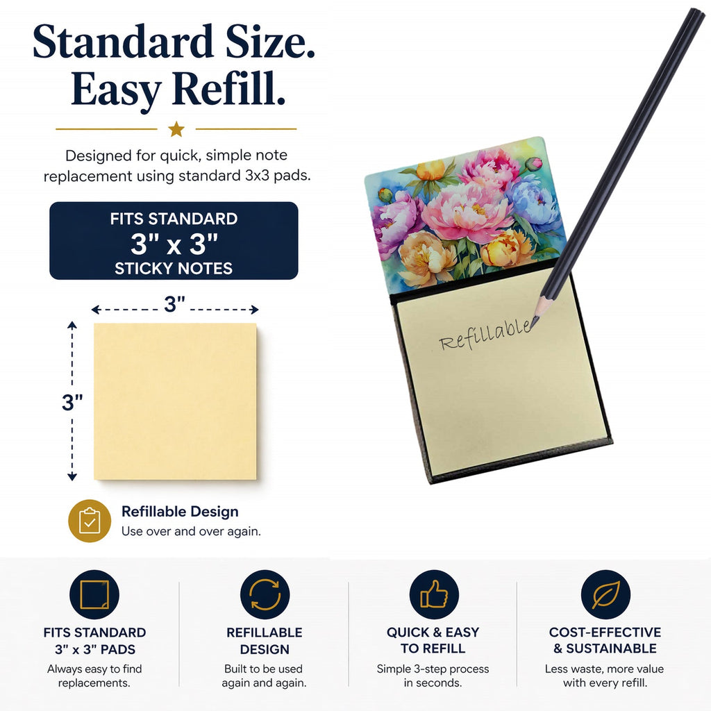Peonies in Watercolor Watercolor Sticky Note Holder Refillable Dispenser Desk Accessory 3x3 Pad Gift