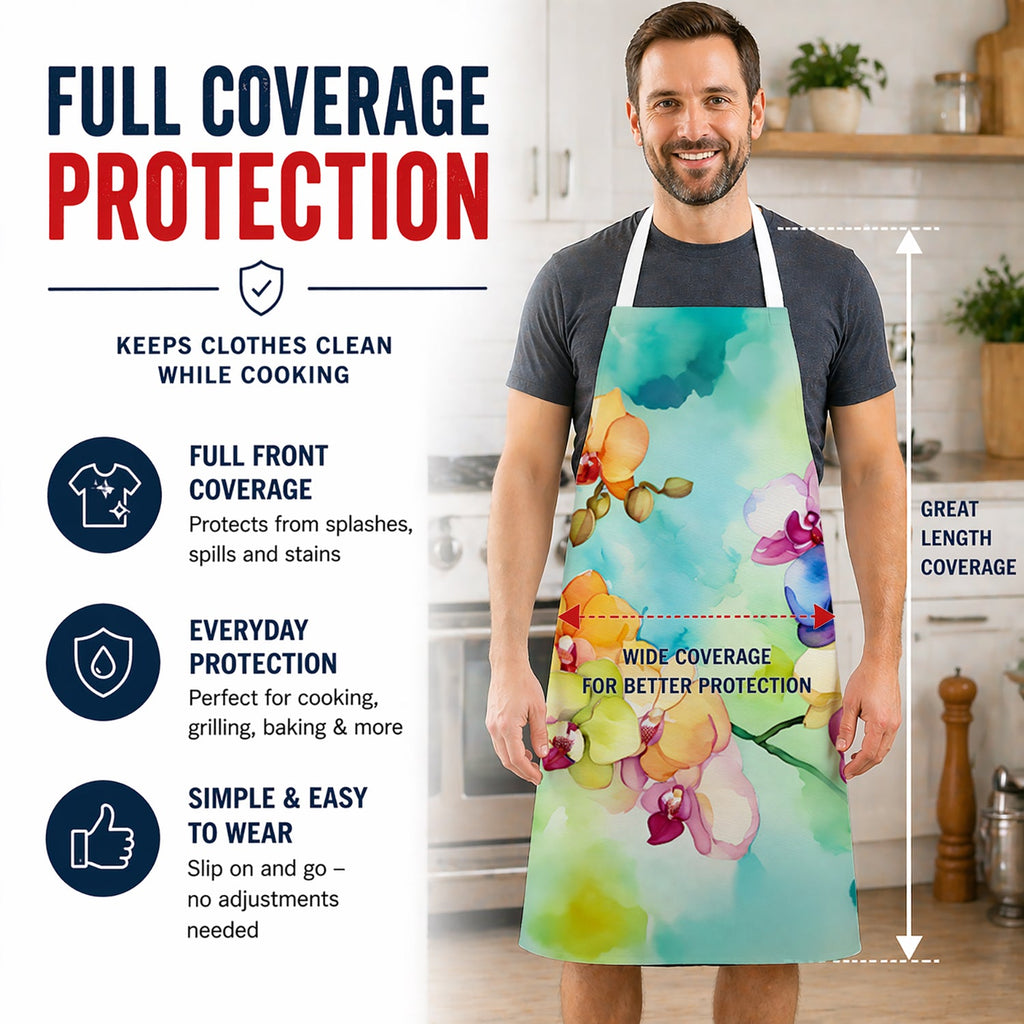 Orchids in Watercolor Apron Cooking Kitchen Server Baking Crafts Gardening for Adult Women Men, Unisex, Large, Multicolor