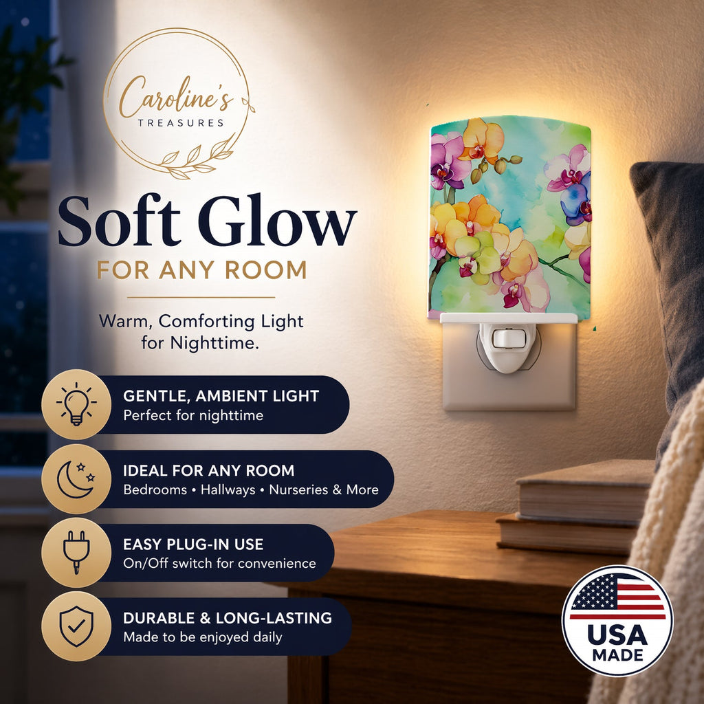 Orchids in Watercolor Ceramic Night Light Compact, UL-Certified, Ideal for Bedroom, Bathroom, Nursery, Hallway, Kitchen, 6x4x3, Multicolor
