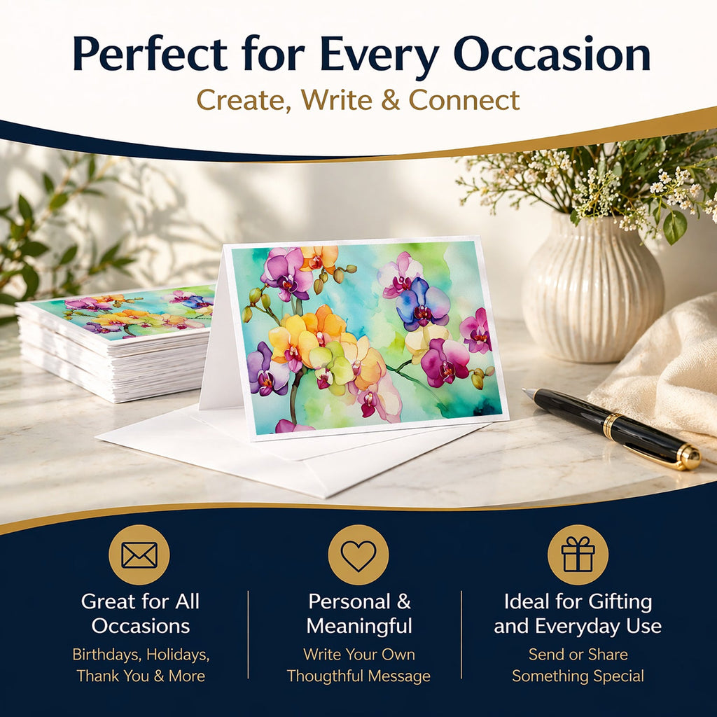 Orchids in Watercolor Greeting Cards Pack of 8 Blank Cards with Envelopes Whimsical A7 Size 5x7