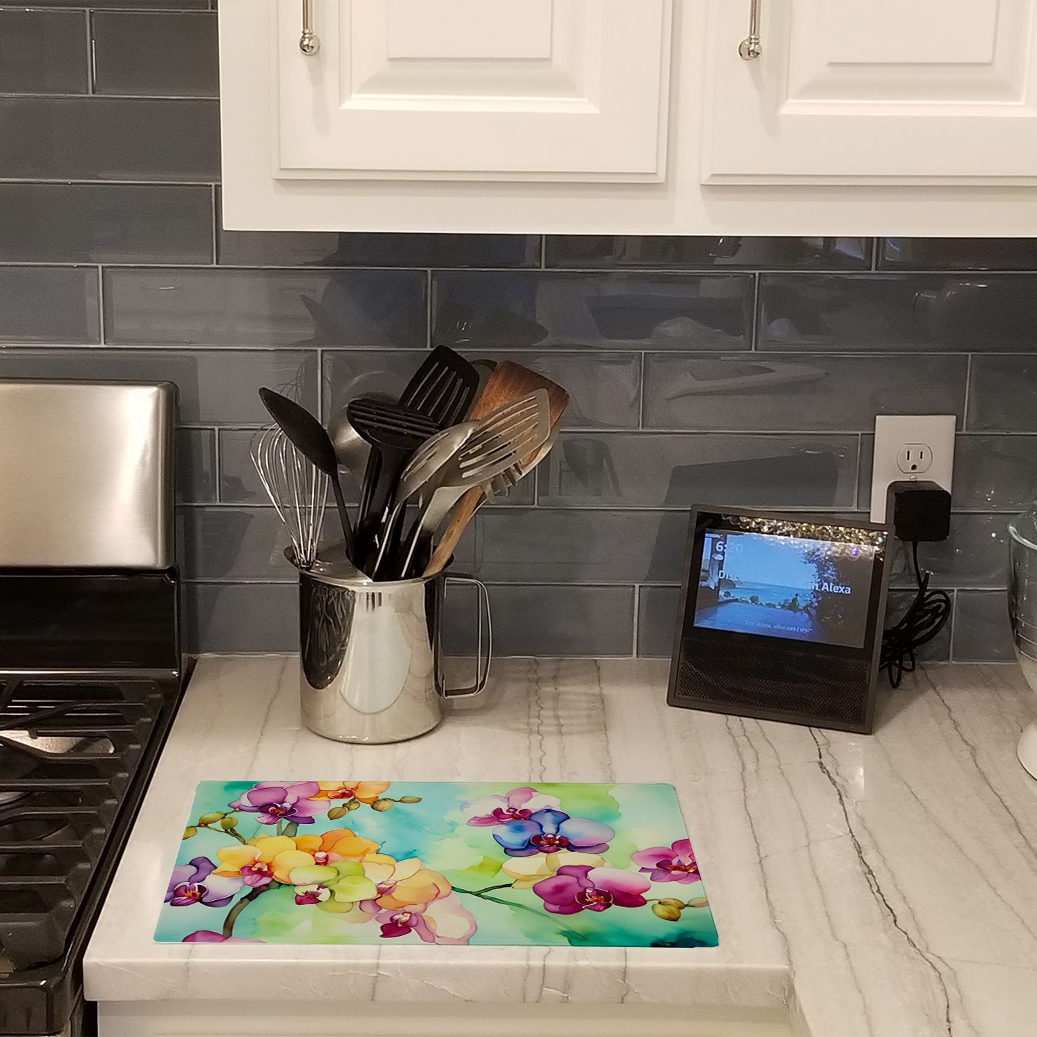 Orchids in Watercolor Cutting Board Tempered Glass Kitchen Cutting Surface, Heat Resistant Chopping, Non-Slip Feet, Food Prep & Serving
