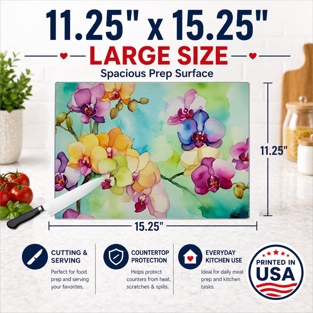 Orchids in Watercolor Cutting Board Tempered Glass Kitchen Cutting Surface, Heat Resistant Chopping, Non-Slip Feet, Food Prep & Serving