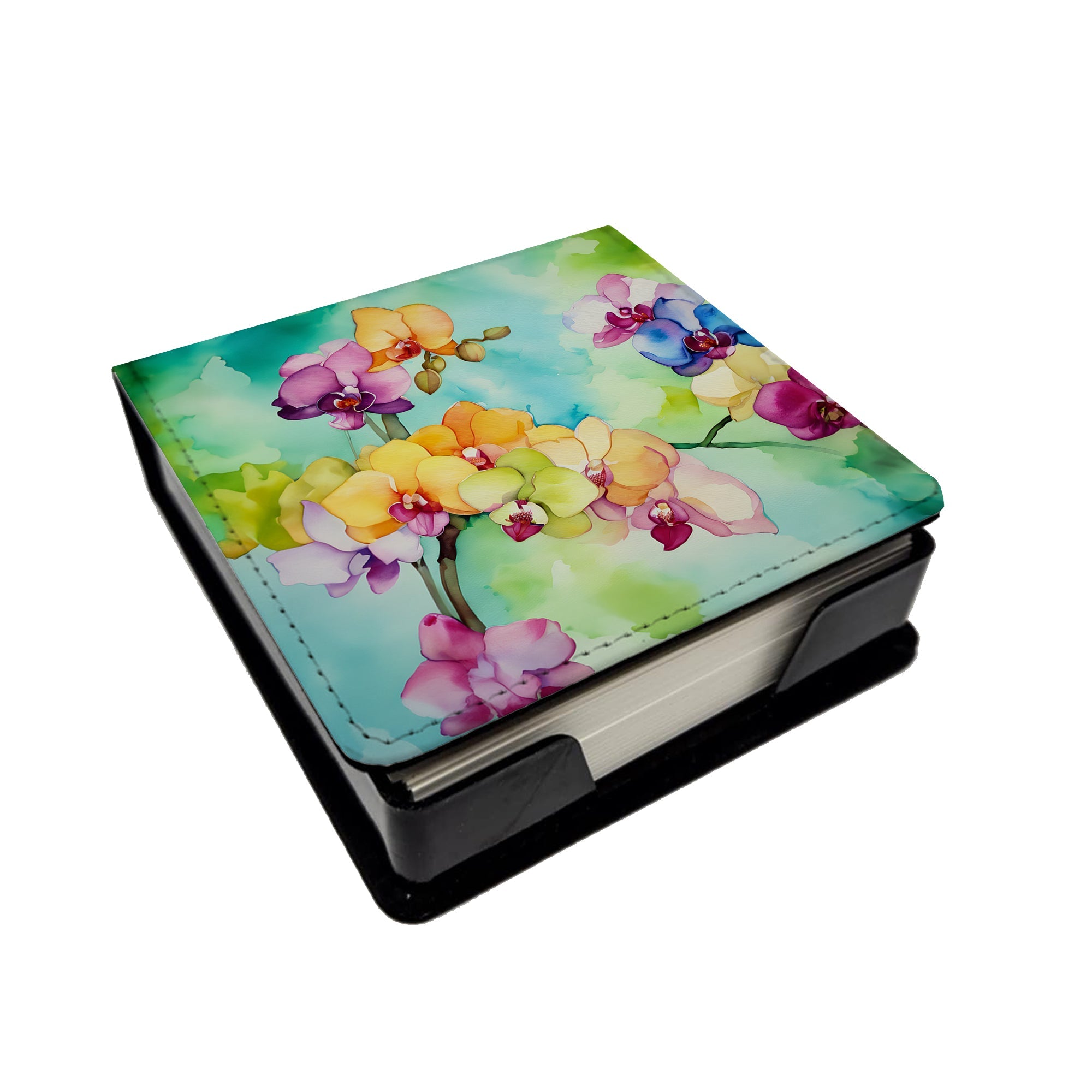 Orchids in Watercolor PU Leather Note Paper Holder with Artist-Designed Cover, Desk Accessory, Office Gift