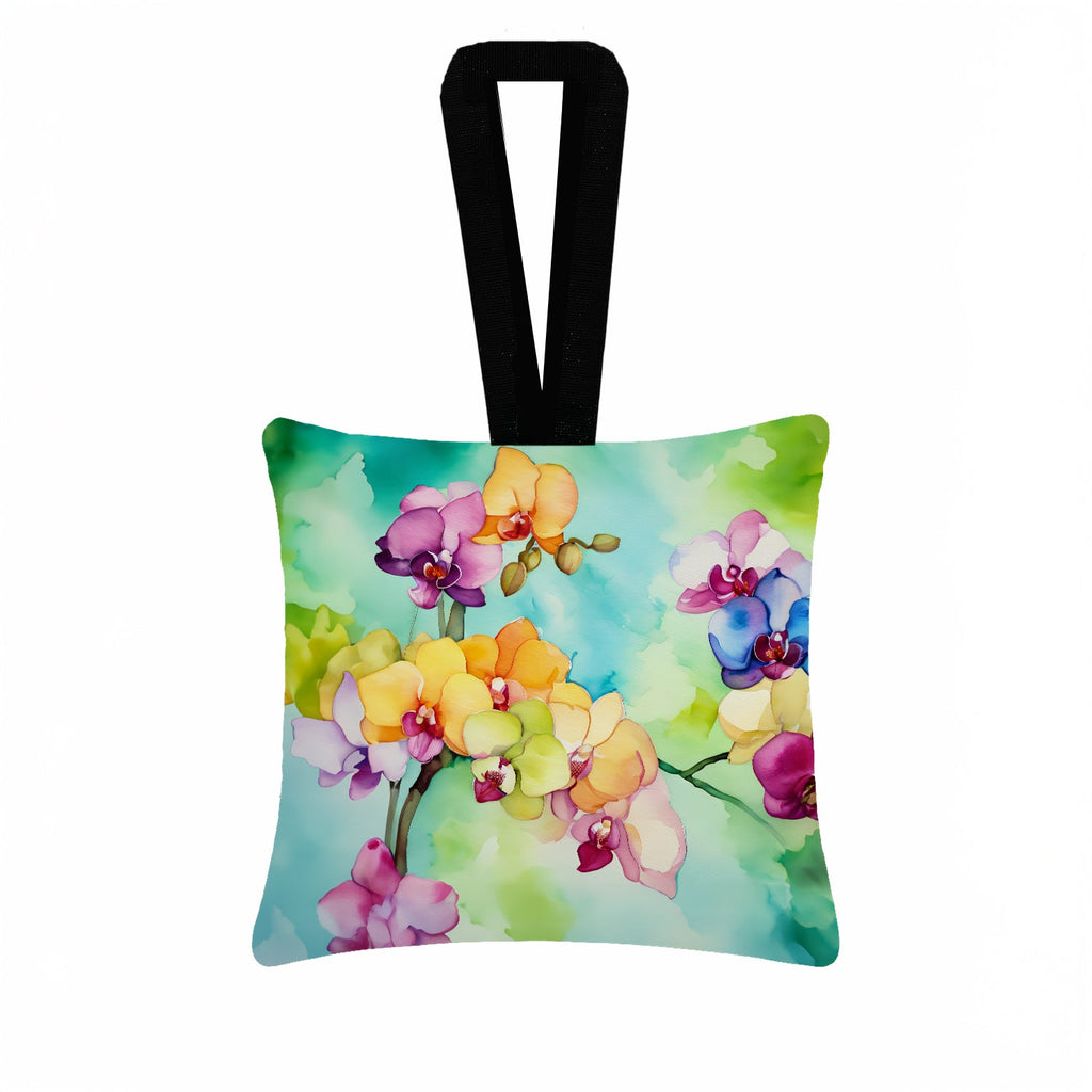 Orchids in Watercolor Hanging Square Fabric Ornament 3.5 × 3.5 Decorative Door-Knob & Tree Hanger, Soft Fabric
