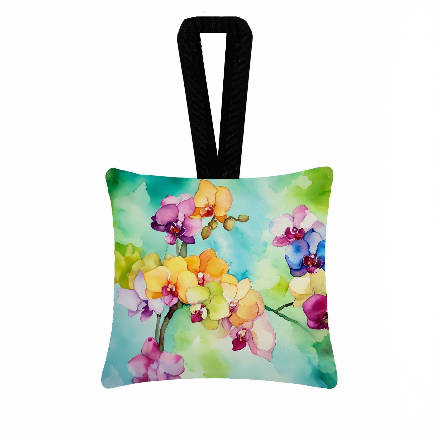 Orchids in Watercolor Hanging Square Fabric Ornament 3.5 × 3.5 Decorative Door-Knob & Tree Hanger, Soft Fabric