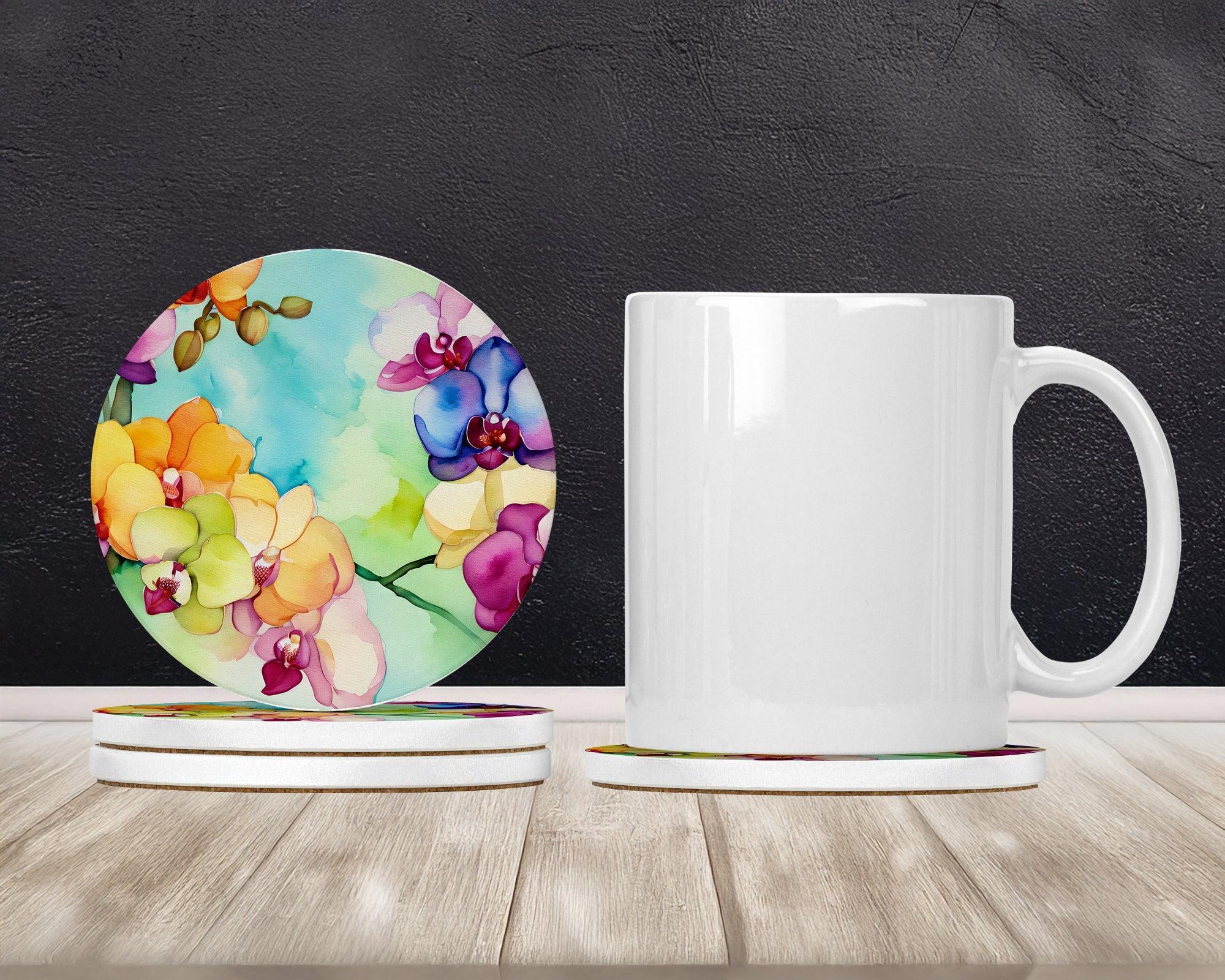 Orchids in Watercolor Large Sandstone Coasters Pack of 4 Absorbent Round Coasters Decor Gifts for Men or Women, 4 in, Multicolor