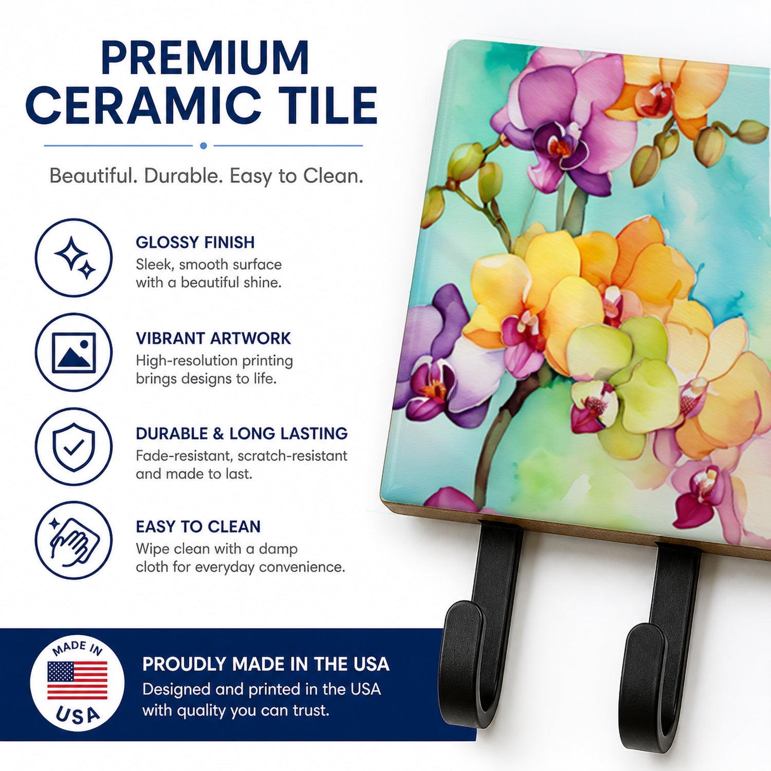 Orchids in Watercolor Leash or Key Holder Wall Hooks, Coat Rack Wall Mount, for Hanging Keys, Towels, Aprons, Leashes