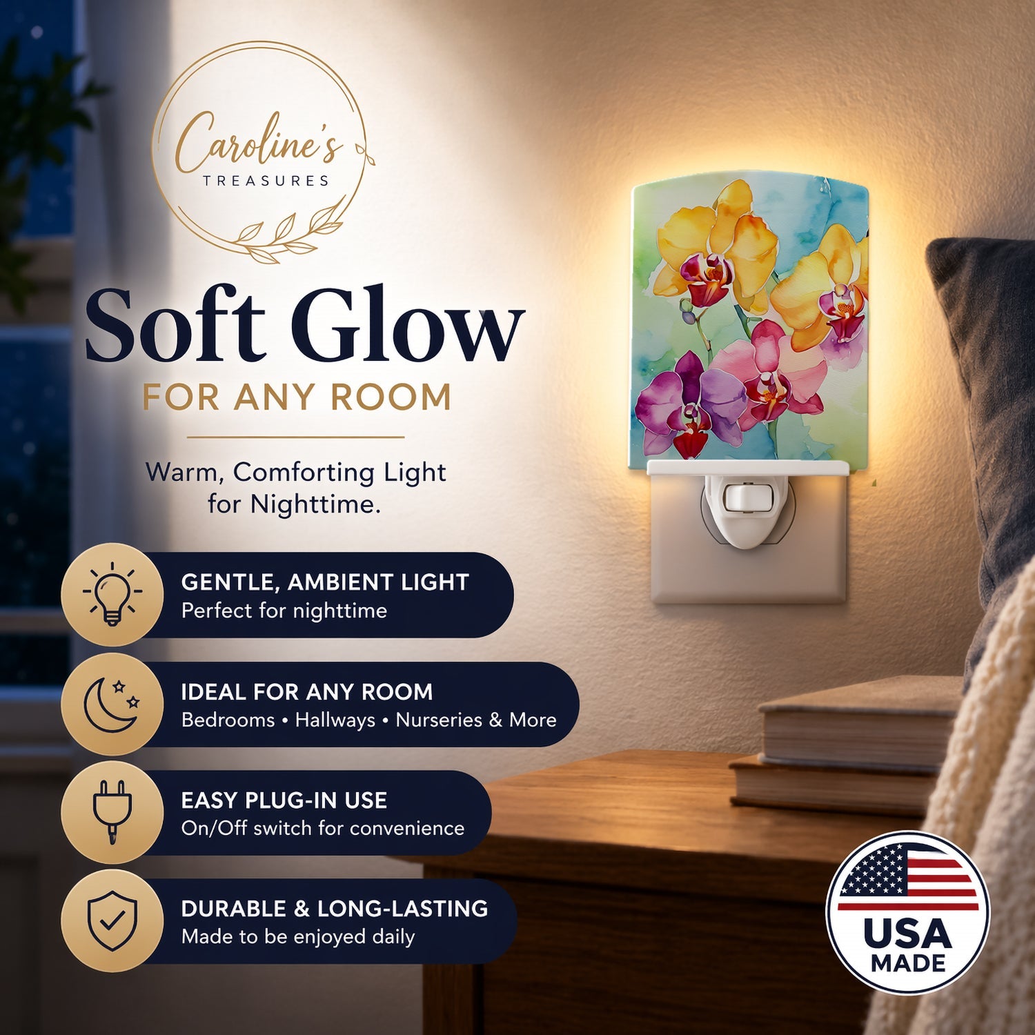 Orchids in Watercolor Ceramic Night Light Compact, UL-Certified, Ideal for Bedroom, Bathroom, Nursery, Hallway, Kitchen, 6x4x3, Multicolor