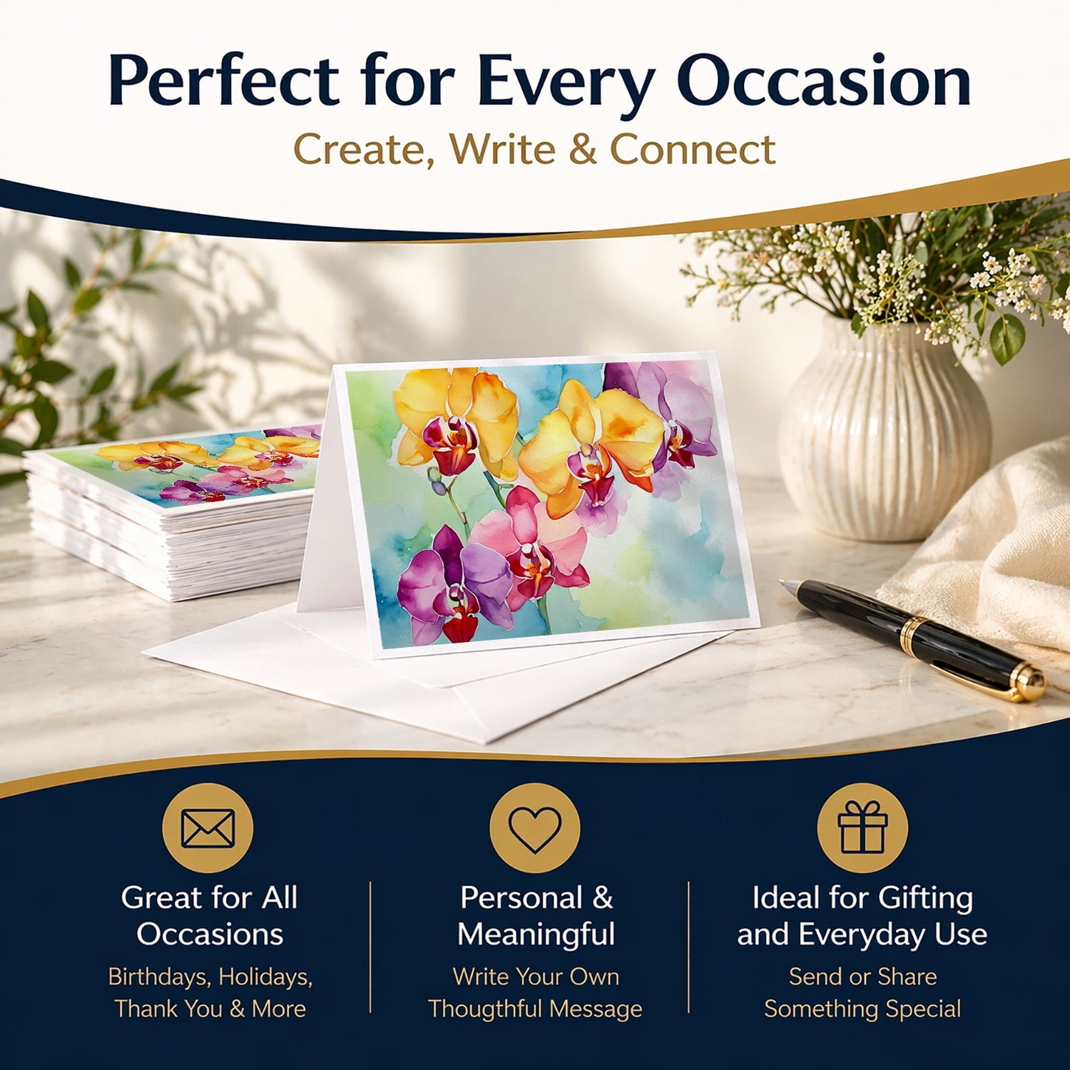 Orchids in Watercolor Greeting Cards Pack of 8 Blank Cards with Envelopes Whimsical A7 Size 5x7