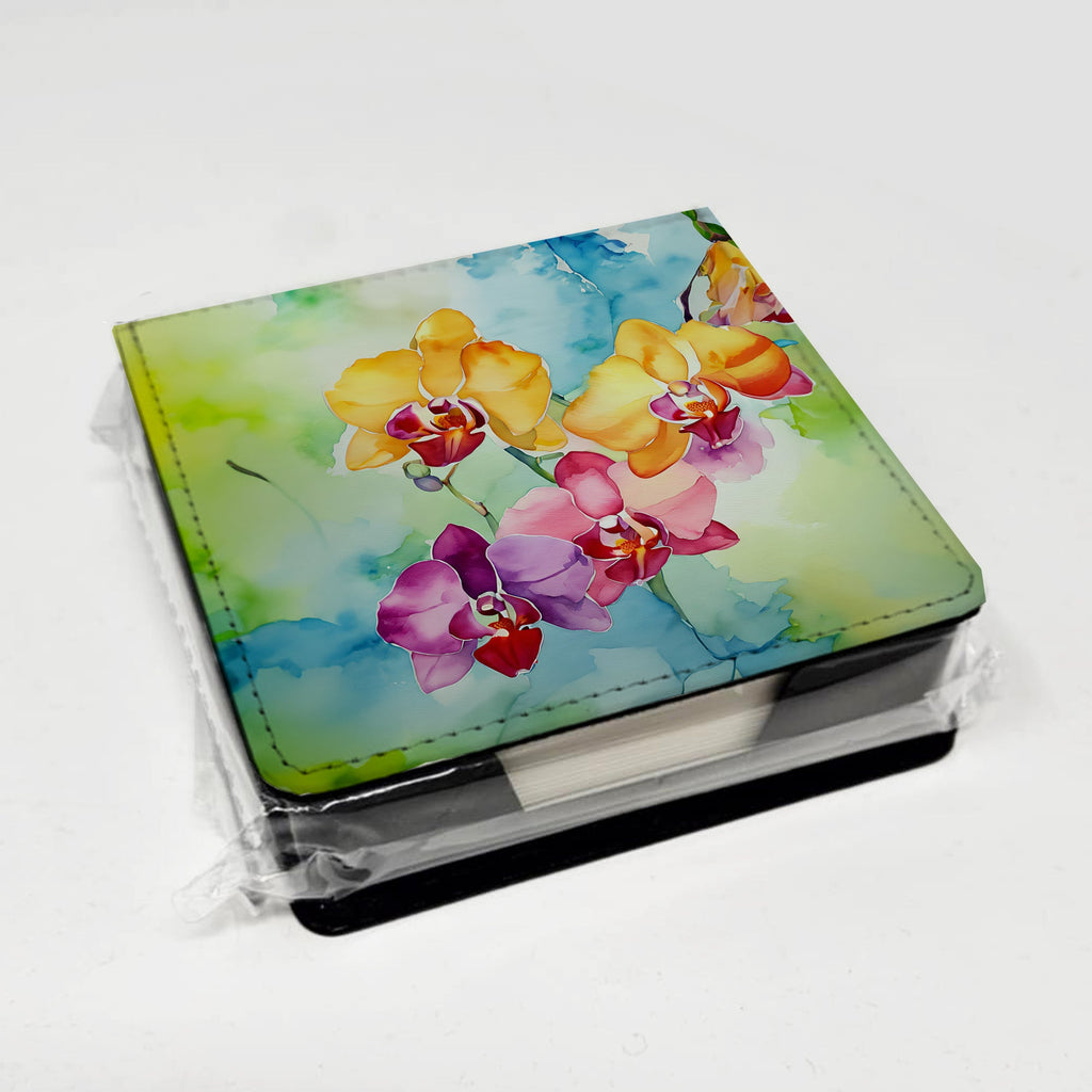 Orchids in Watercolor PU Leather Note Paper Holder with Artist-Designed Cover, Desk Accessory, Office Gift