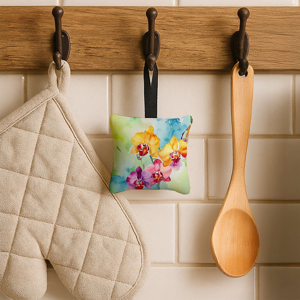 Orchids in Watercolor Hanging Square Fabric Ornament 3.5 × 3.5 Decorative Door-Knob & Tree Hanger, Soft Fabric