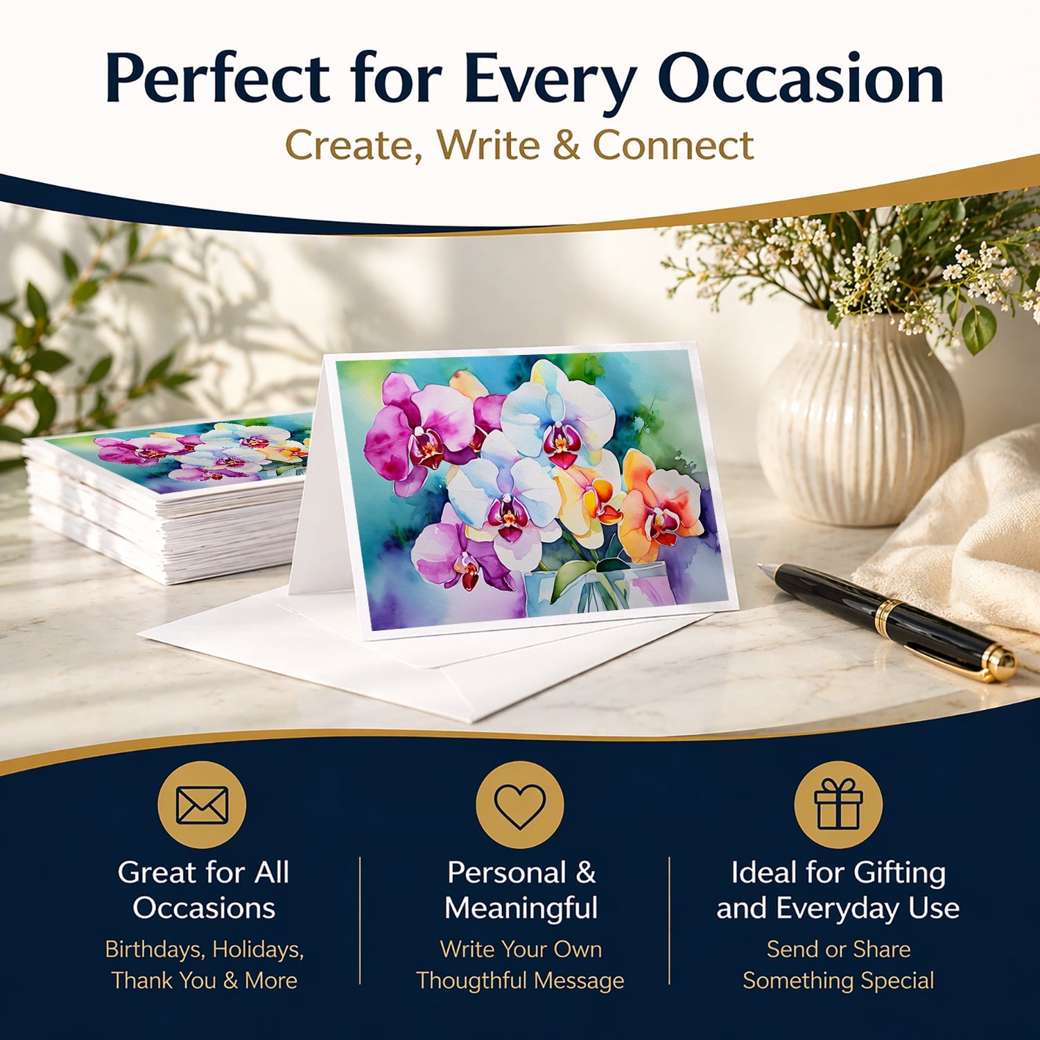 Orchids in Watercolor Greeting Cards Pack of 8 Blank Cards with Envelopes Whimsical A7 Size 5x7