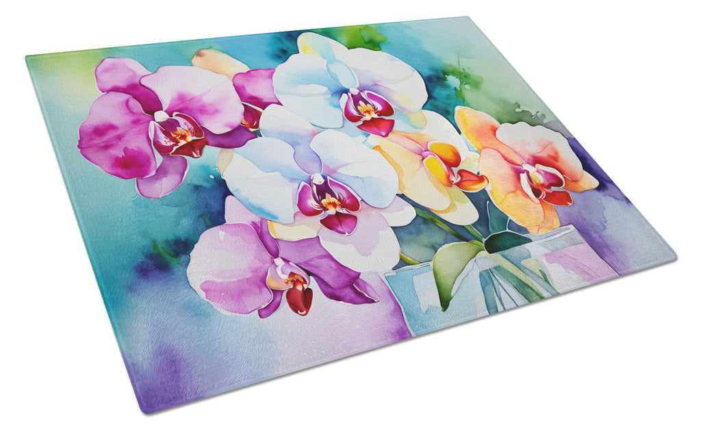 Orchids in Watercolor Cutting Board Tempered Glass Kitchen Cutting Surface, Heat Resistant Chopping, Non-Slip Feet, Food Prep & Serving