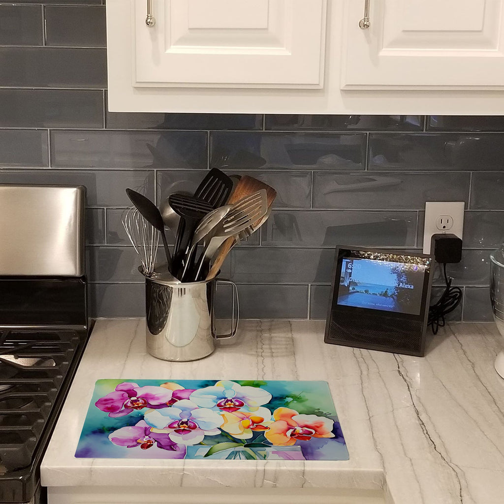 Orchids in Watercolor Cutting Board Tempered Glass Kitchen Cutting Surface, Heat Resistant Chopping, Non-Slip Feet, Food Prep & Serving
