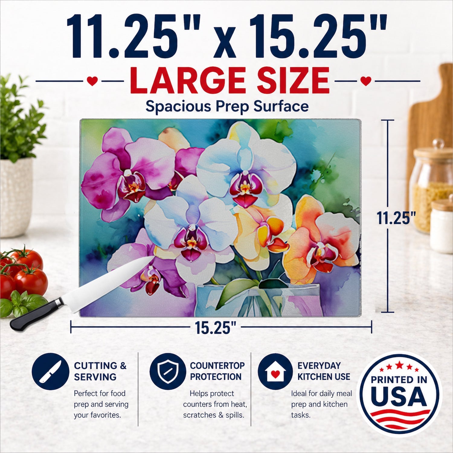 Orchids in Watercolor Cutting Board Tempered Glass Kitchen Cutting Surface, Heat Resistant Chopping, Non-Slip Feet, Food Prep & Serving