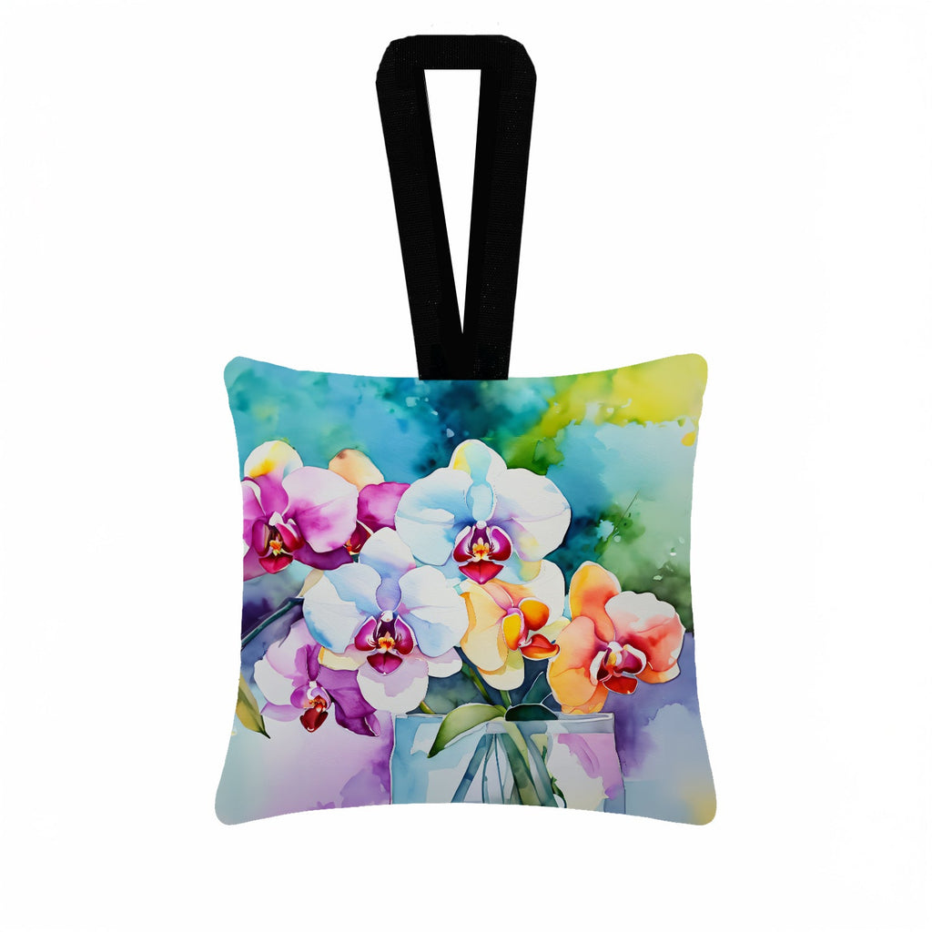 Orchids in Watercolor Hanging Square Fabric Ornament 3.5 × 3.5 Decorative Door-Knob & Tree Hanger, Soft Fabric