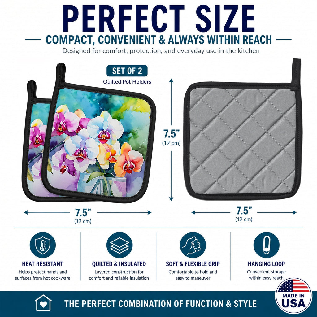 Orchids in Watercolor Pot Holder Set of 2 Heat Resistant Quilted Hot Pads 7.5 x 7.5 Inch, Insulated Kitchen Trivets for Cooking & Baking