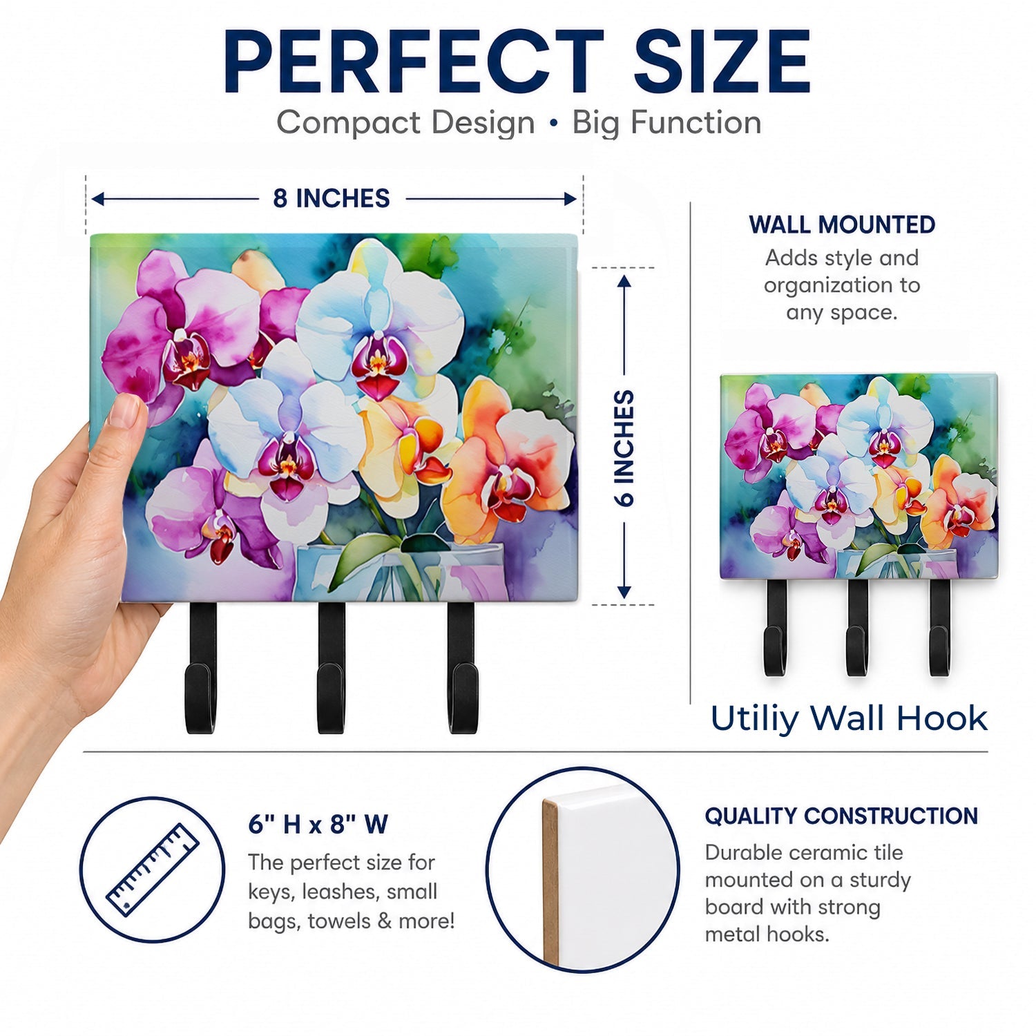 Orchids in Watercolor Leash or Key Holder Wall Hooks, Coat Rack Wall Mount, for Hanging Keys, Towels, Aprons, Leashes