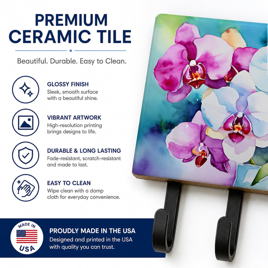 Orchids in Watercolor Leash or Key Holder Wall Hooks, Coat Rack Wall Mount, for Hanging Keys, Towels, Aprons, Leashes