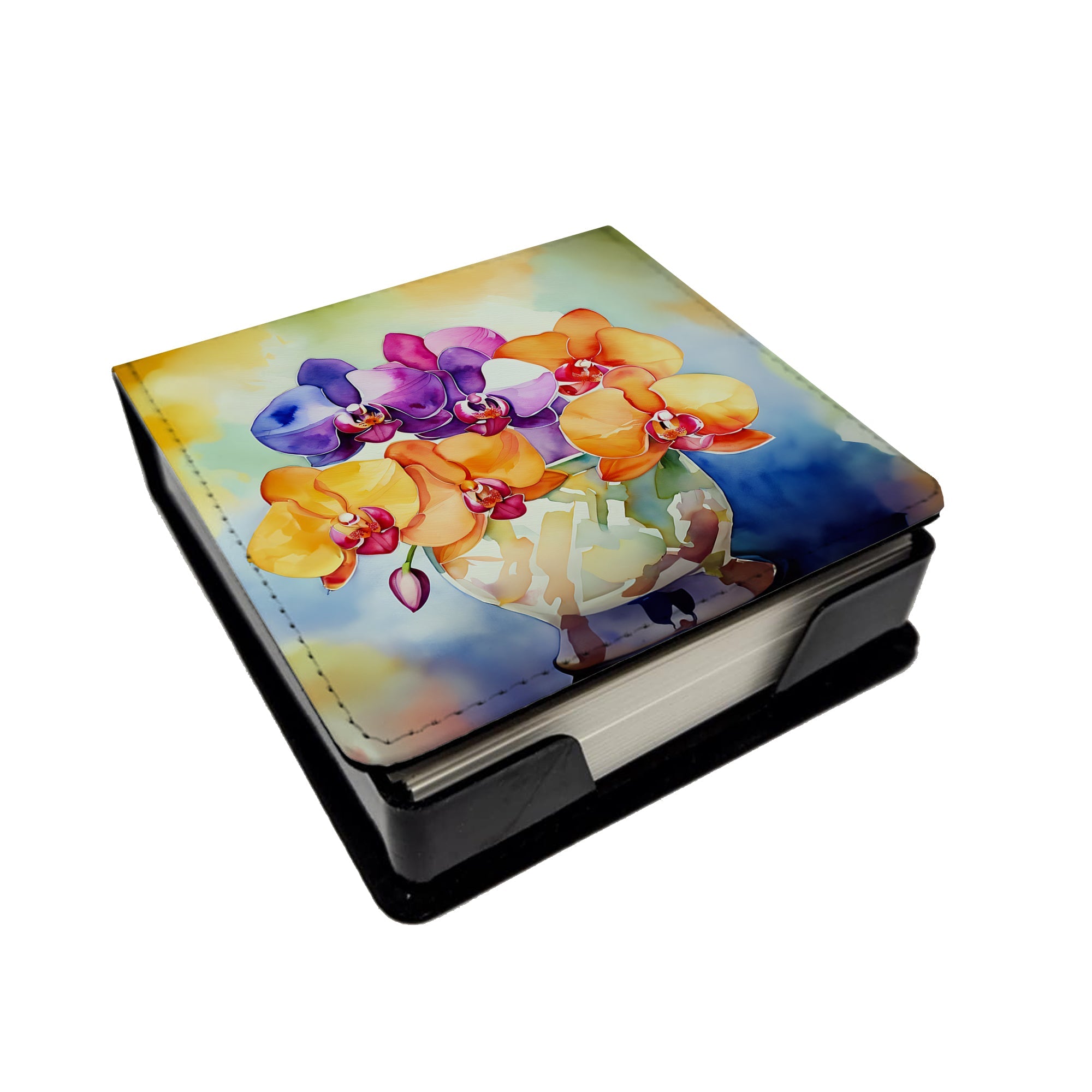 Orchids in Watercolor PU Leather Note Paper Holder with Artist-Designed Cover, Desk Accessory, Office Gift