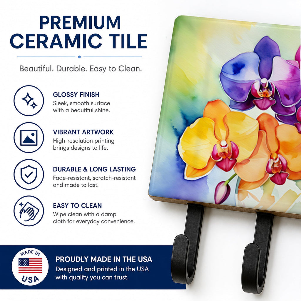 Orchids in Watercolor Leash or Key Holder Wall Hooks, Coat Rack Wall Mount, for Hanging Keys, Towels, Aprons, Leashes