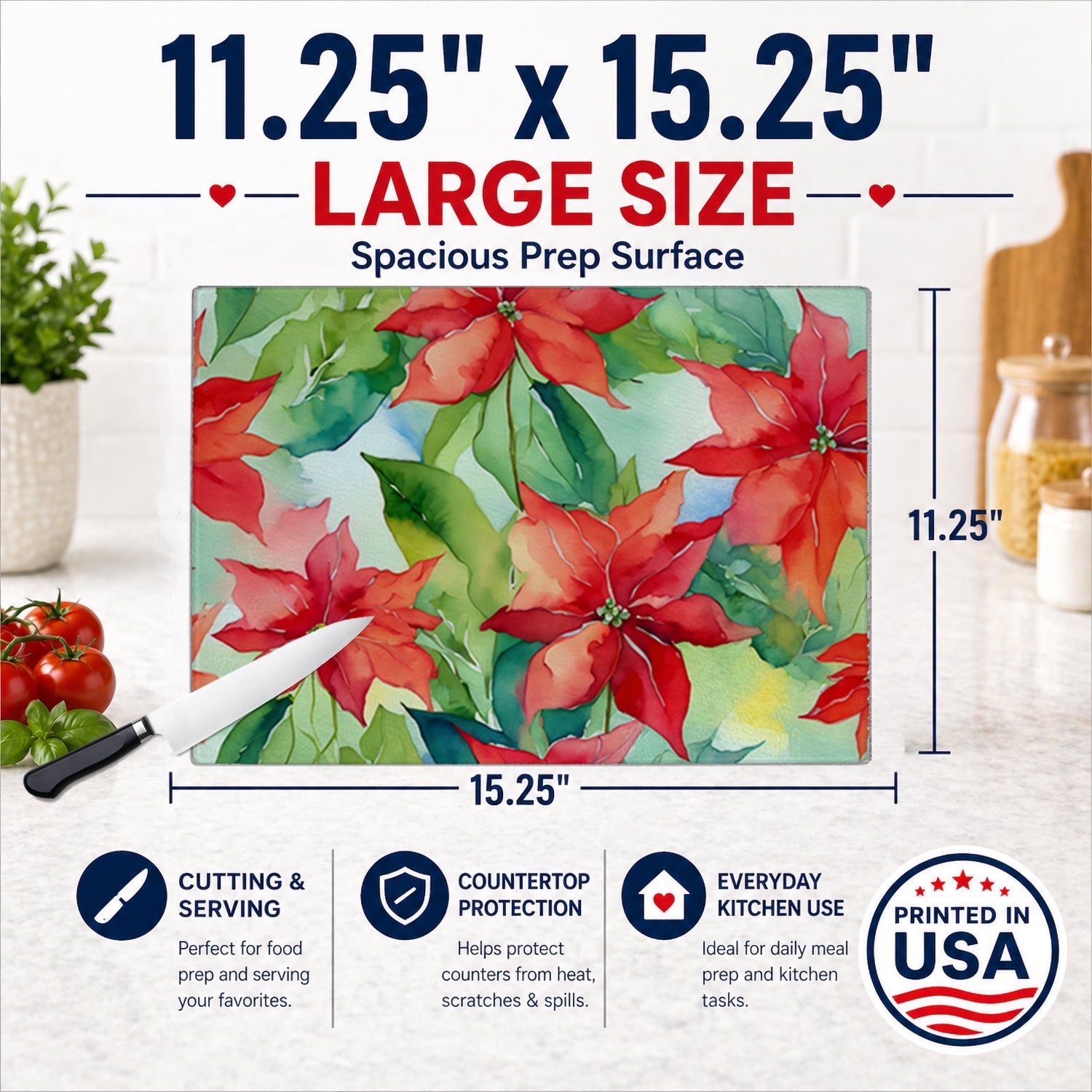 Poinsettias in Watercolor Cutting Board Tempered Glass Kitchen Cutting Surface, Heat Resistant Chopping, Non-Slip Feet, Food Prep & Serving