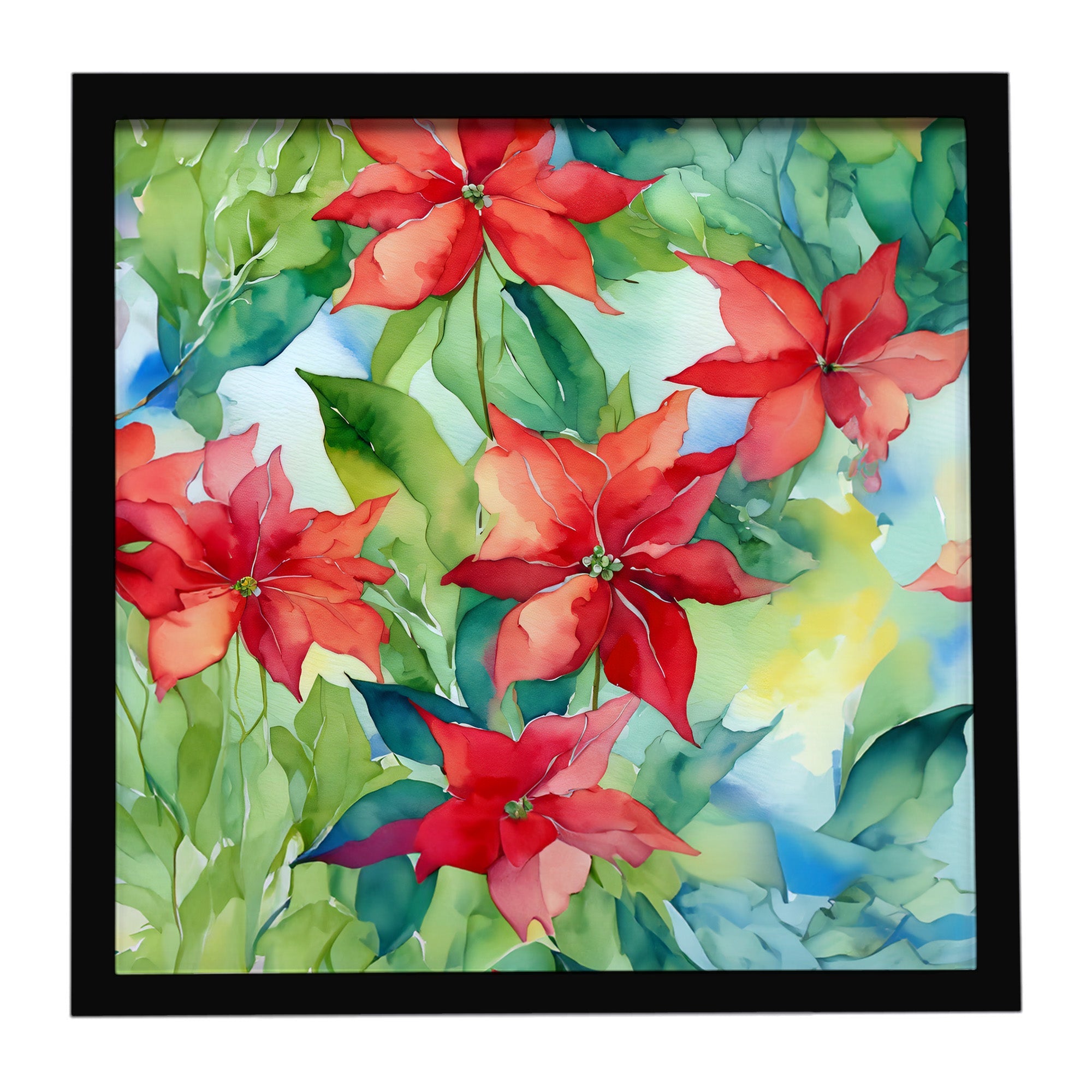 Poinsettias in Watercolor Framed Metal Print Bathroom, Kitchen, Office, Home Decor Wall Art Ready to Hang, Square, 8X8