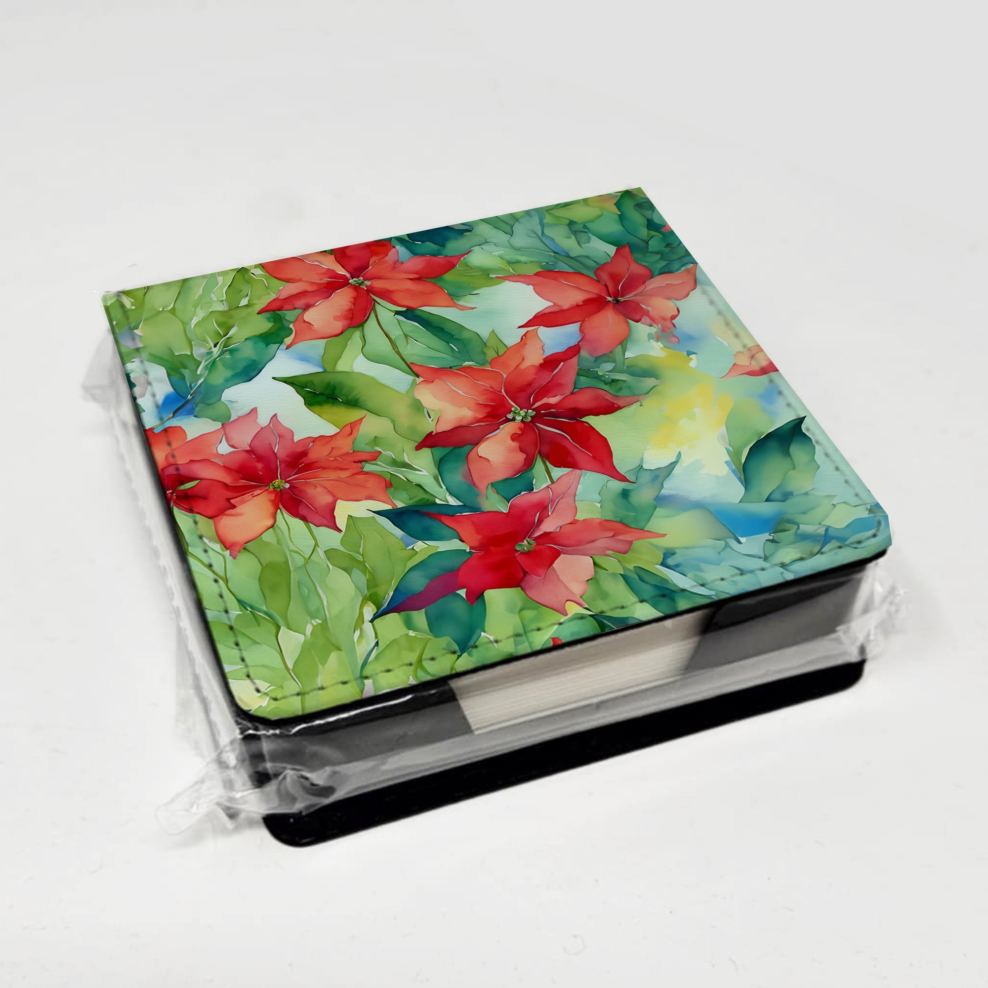 Poinsettias in Watercolor PU Leather Note Paper Holder with Artist-Designed Cover, Desk Accessory, Office Gift