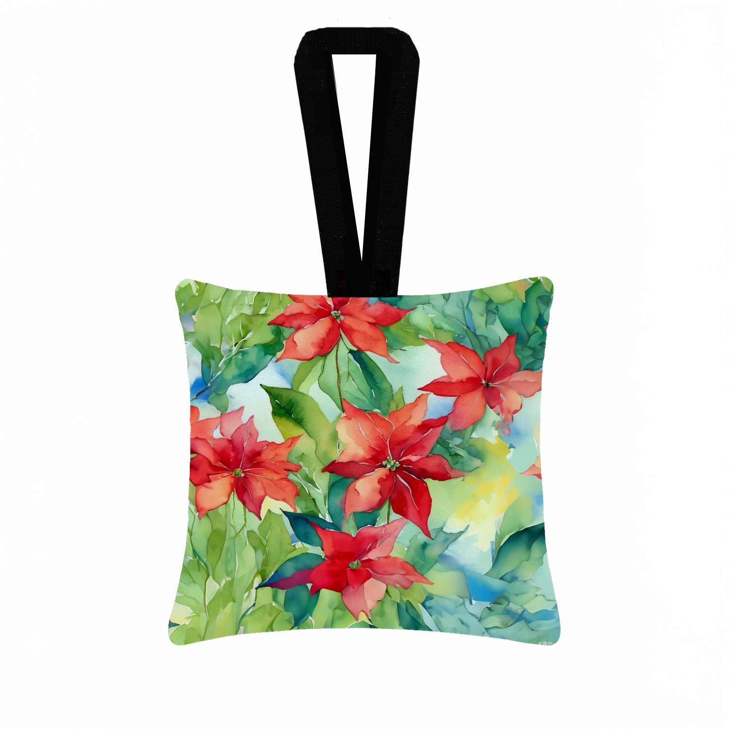 Poinsettias in Watercolor Hanging Square Fabric Ornament 3.5 × 3.5 Decorative Door-Knob & Tree Hanger, Soft Fabric