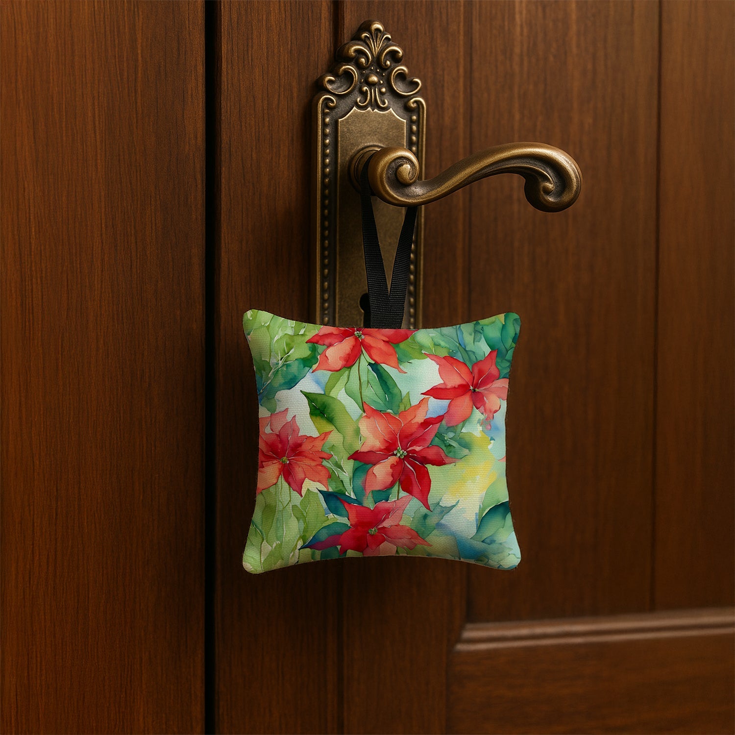 Poinsettias in Watercolor Hanging Square Fabric Ornament 3.5 × 3.5 Decorative Door-Knob & Tree Hanger, Soft Fabric