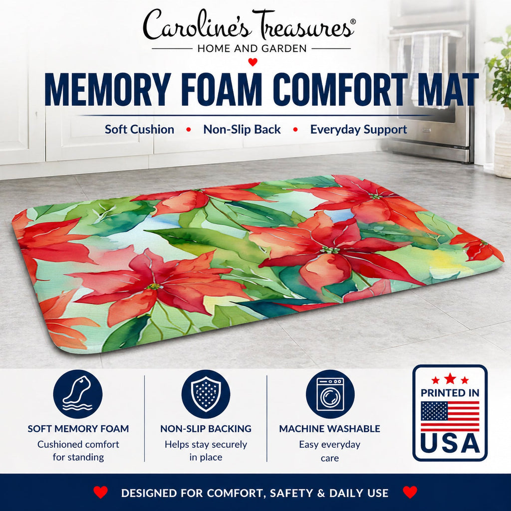 Poinsettias in Watercolor Memory Foam Kitchen Mat Machine Washable Anti-Fatigue Cushion Comfort Bath or Kitchen Rug