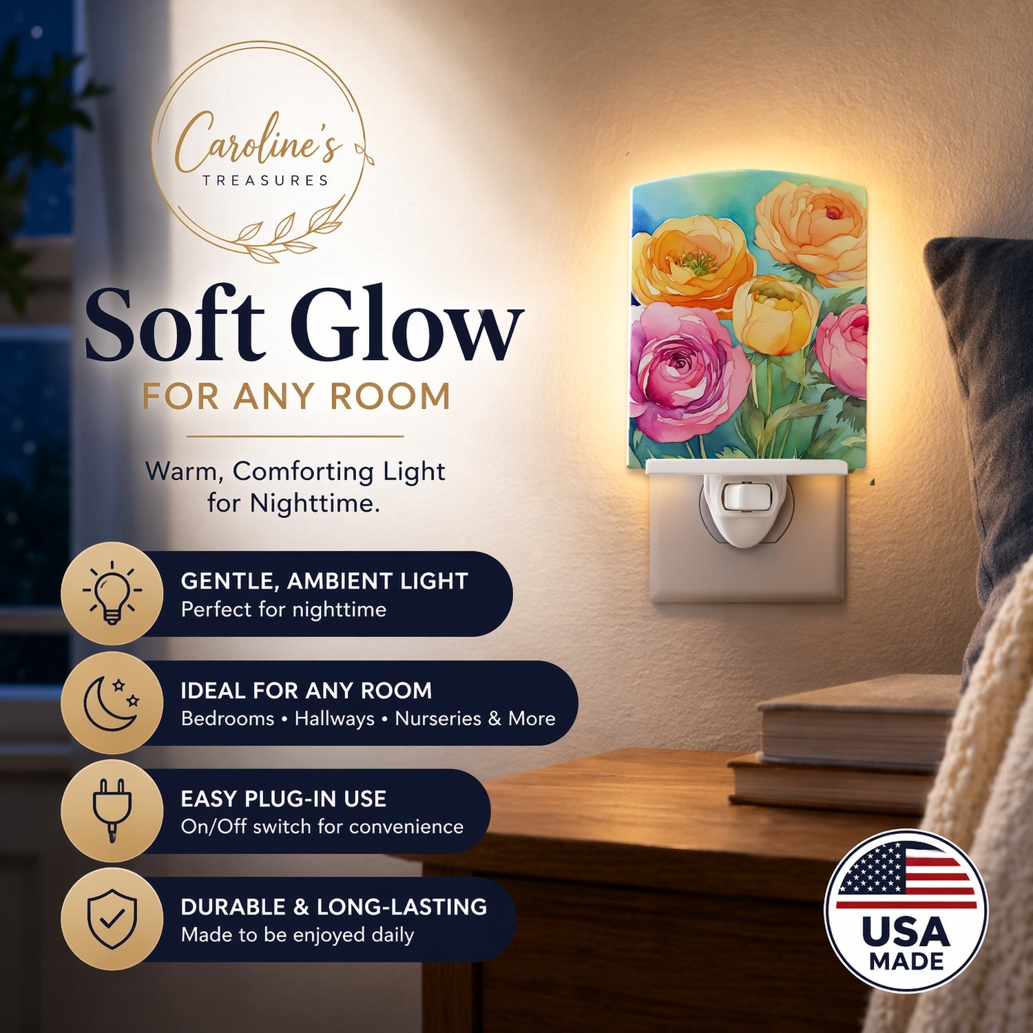 Ranunculus in Watercolor Ceramic Night Light Compact, UL-Certified, Ideal for Bedroom, Bathroom, Nursery, Hallway, Kitchen, 6x4x3, Multicolor